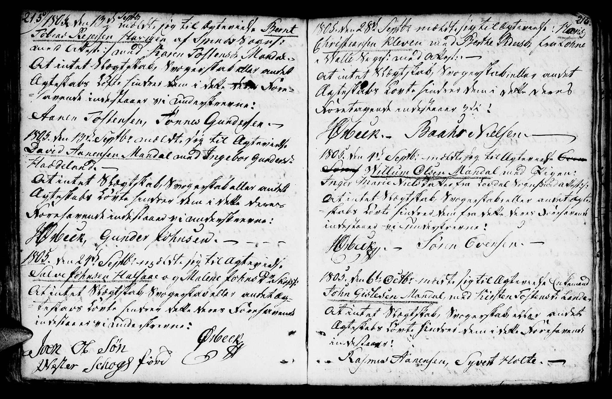 Mandal sokneprestkontor, AV/SAK-1111-0030/F/Fa/Faa/L0007: Parish register (official) no. A 7, 1783-1818, p. 215-216