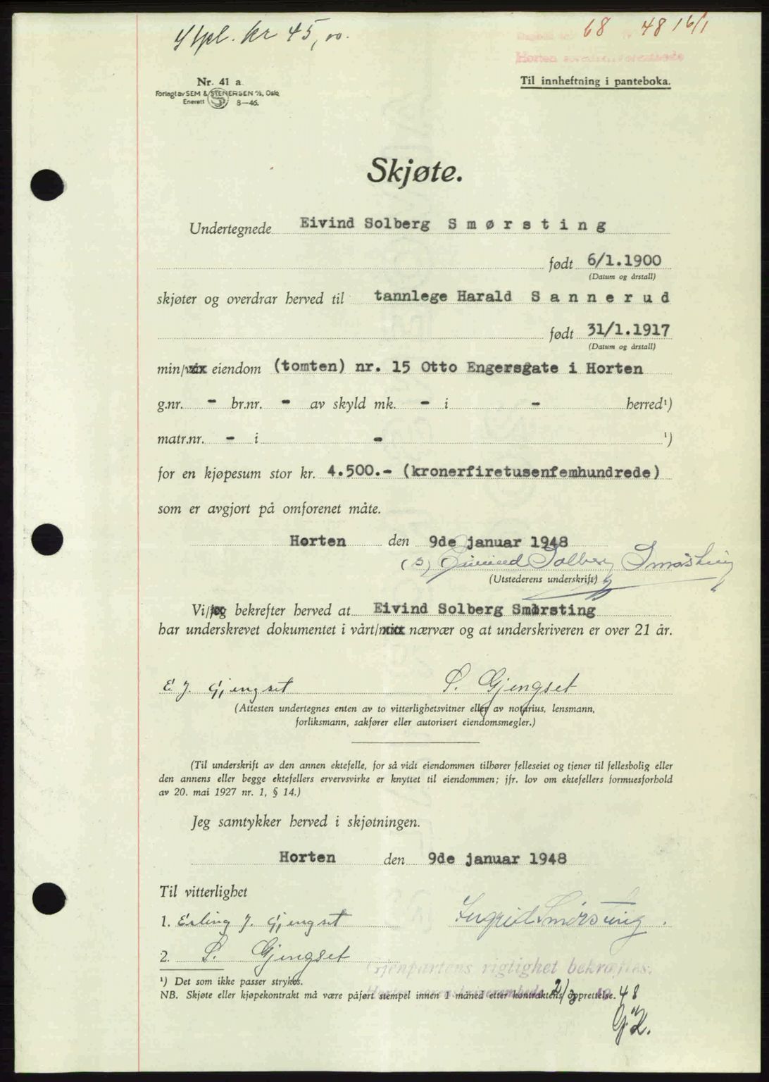 Horten sorenskriveri, AV/SAKO-A-133/G/Ga/Gaa/L0010: Mortgage book no. A-10, 1947-1948, Diary no: : 68/1948