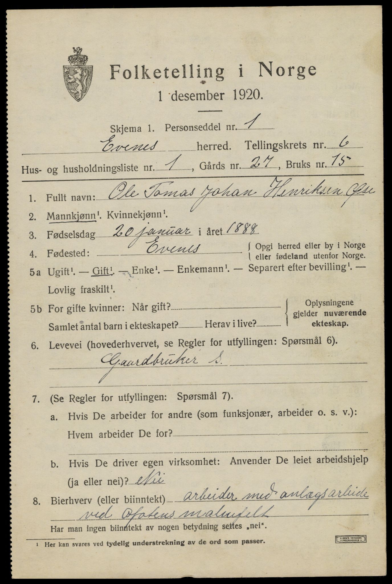 SAT, 1920 census for Evenes, 1920, p. 5450