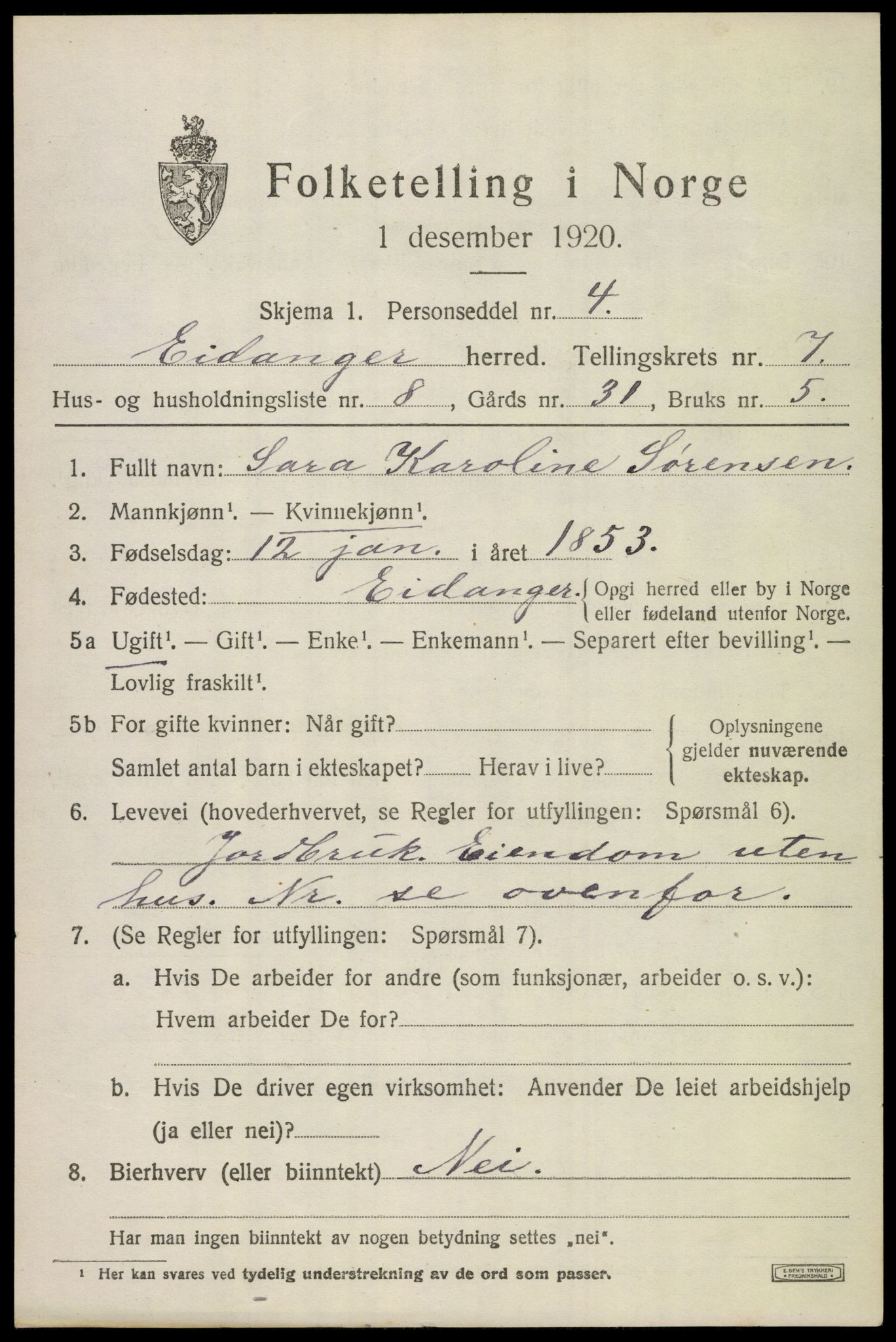SAKO, 1920 census for Eidanger, 1920, p. 5314