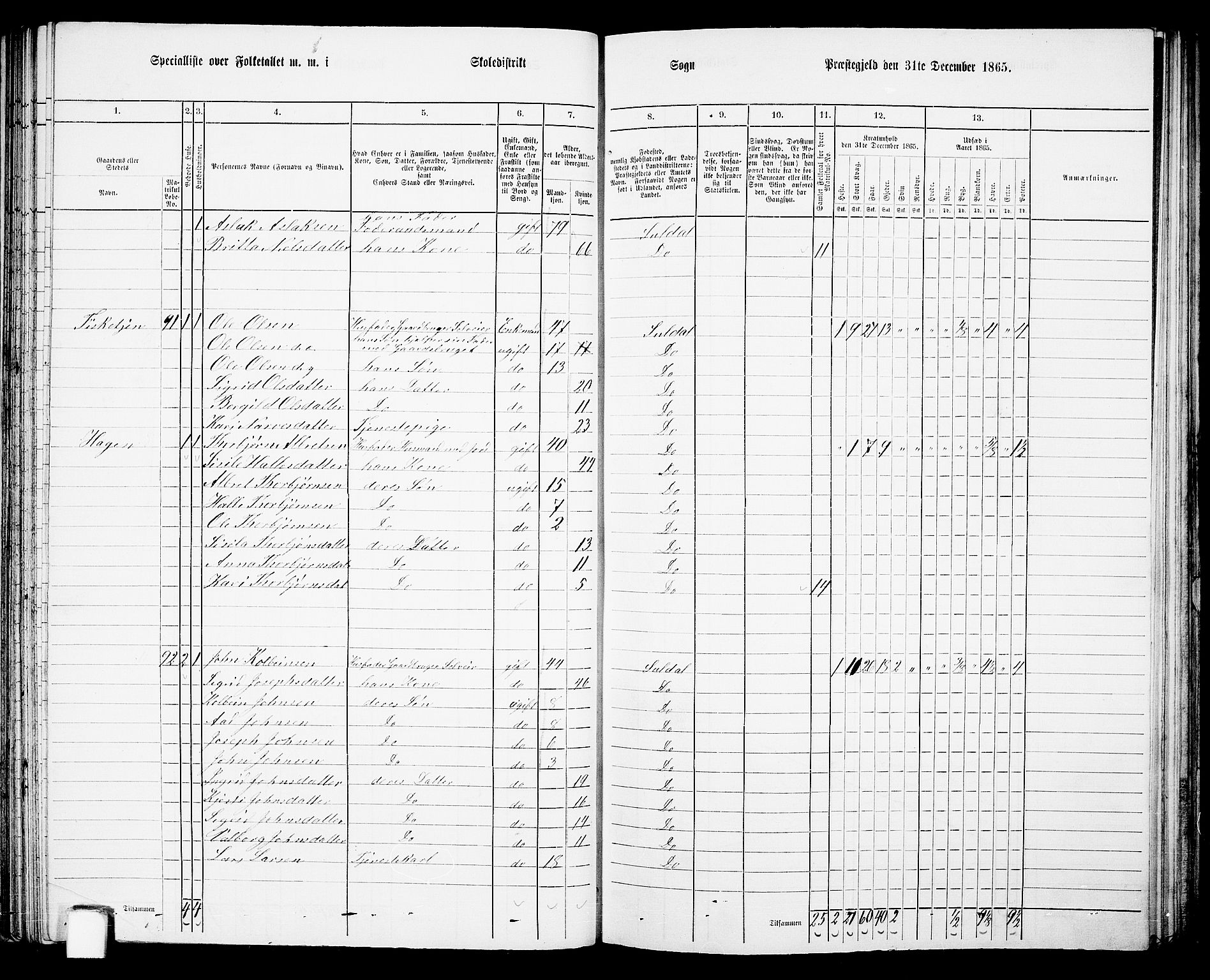RA, 1865 census for Suldal, 1865, p. 61