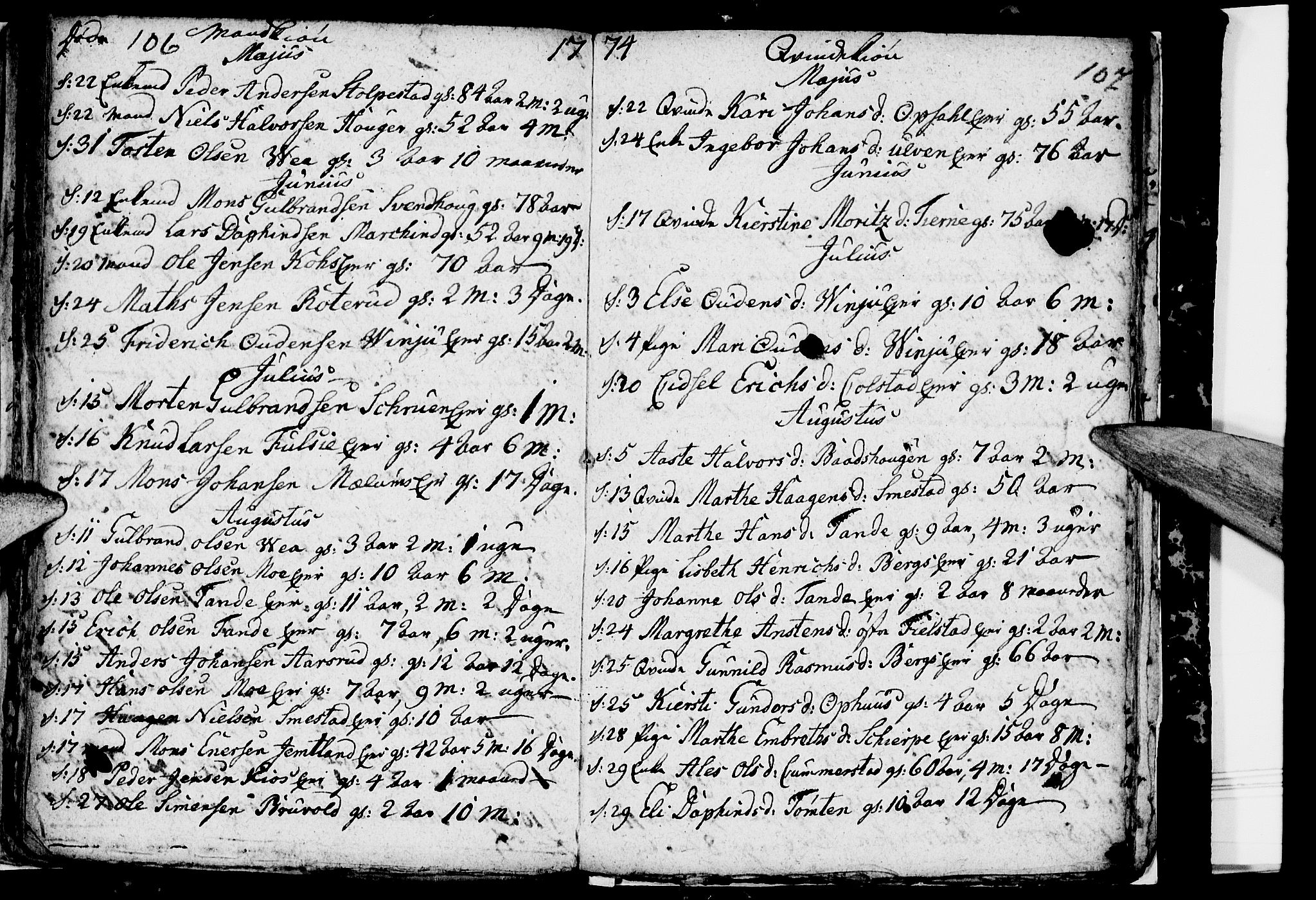 Ringsaker prestekontor, AV/SAH-PREST-014/I/Ia/L0005/0001: Parish register draft no. 5.1, 1773-1775, p. 106-107