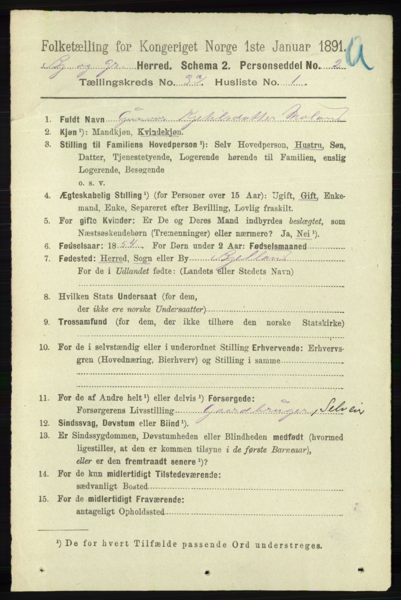 RA, 1891 census for 1024 Bjelland og Grindheim, 1891, p. 1460