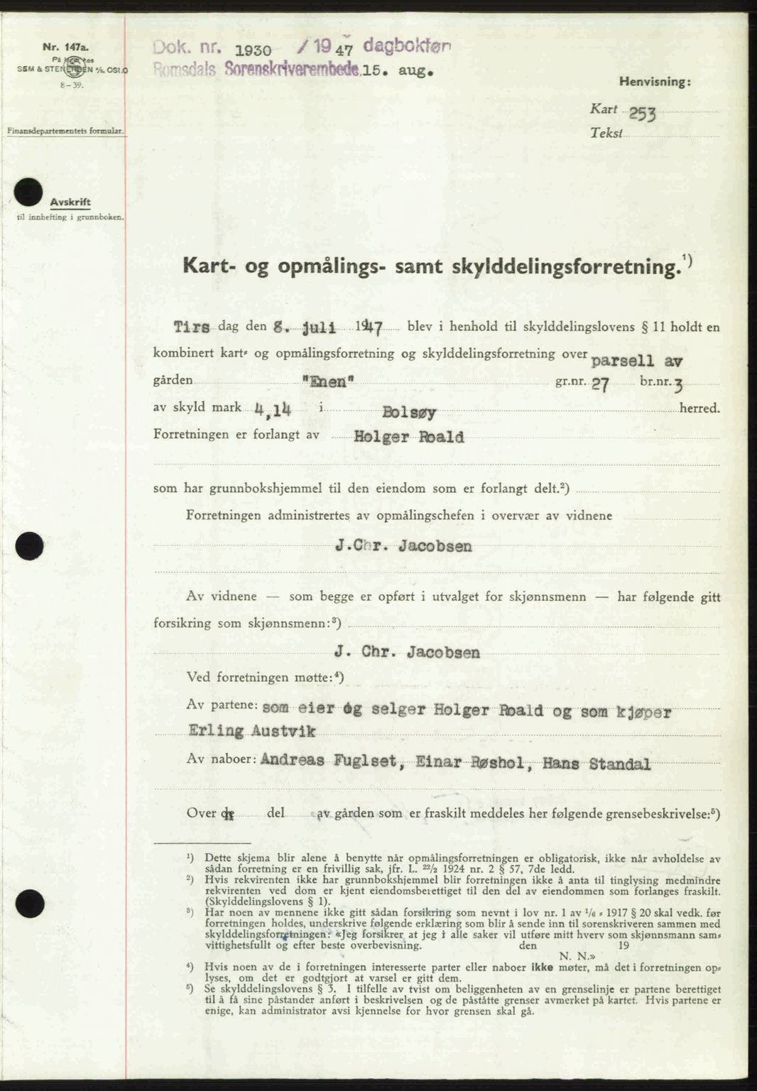 Romsdal sorenskriveri, AV/SAT-A-4149/1/2/2C: Mortgage book no. A23, 1947-1947, Diary no: : 1930/1947