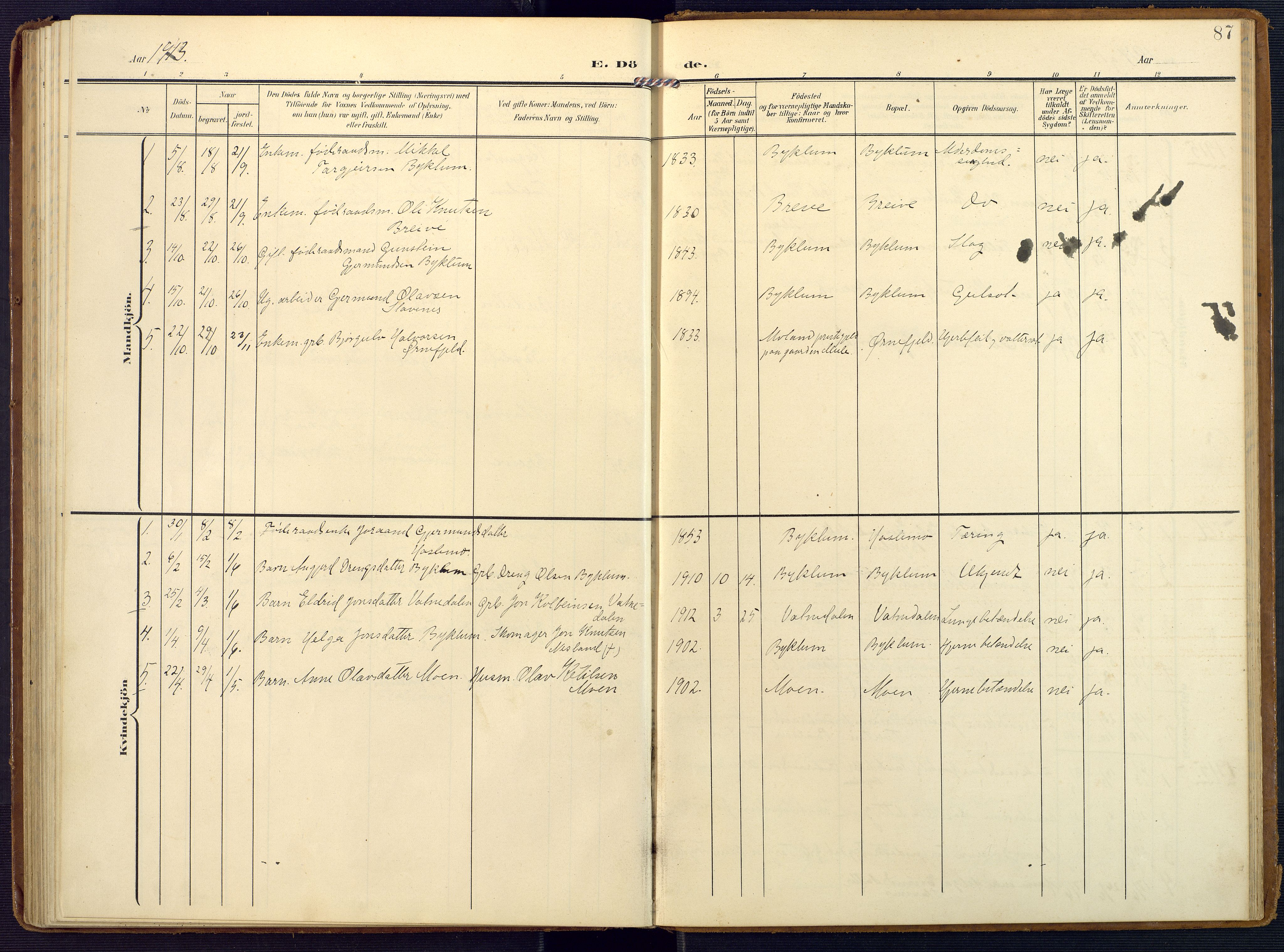 Valle sokneprestkontor, SAK/1111-0044/F/Fa/Faa/L0002: Parish register (official) no. A 2, 1907-1919, p. 87