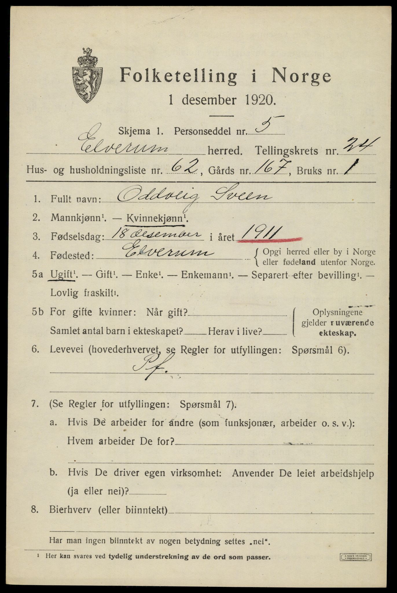 SAH, 1920 census for Elverum, 1920, p. 26216