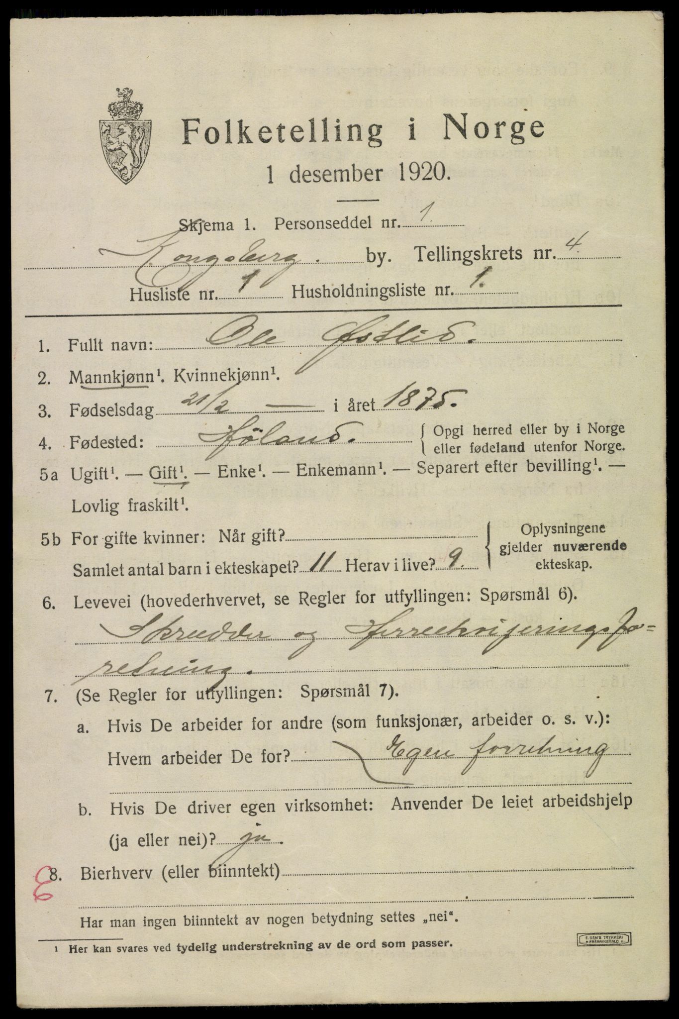 SAKO, 1920 census for Kongsberg, 1920, p. 10968