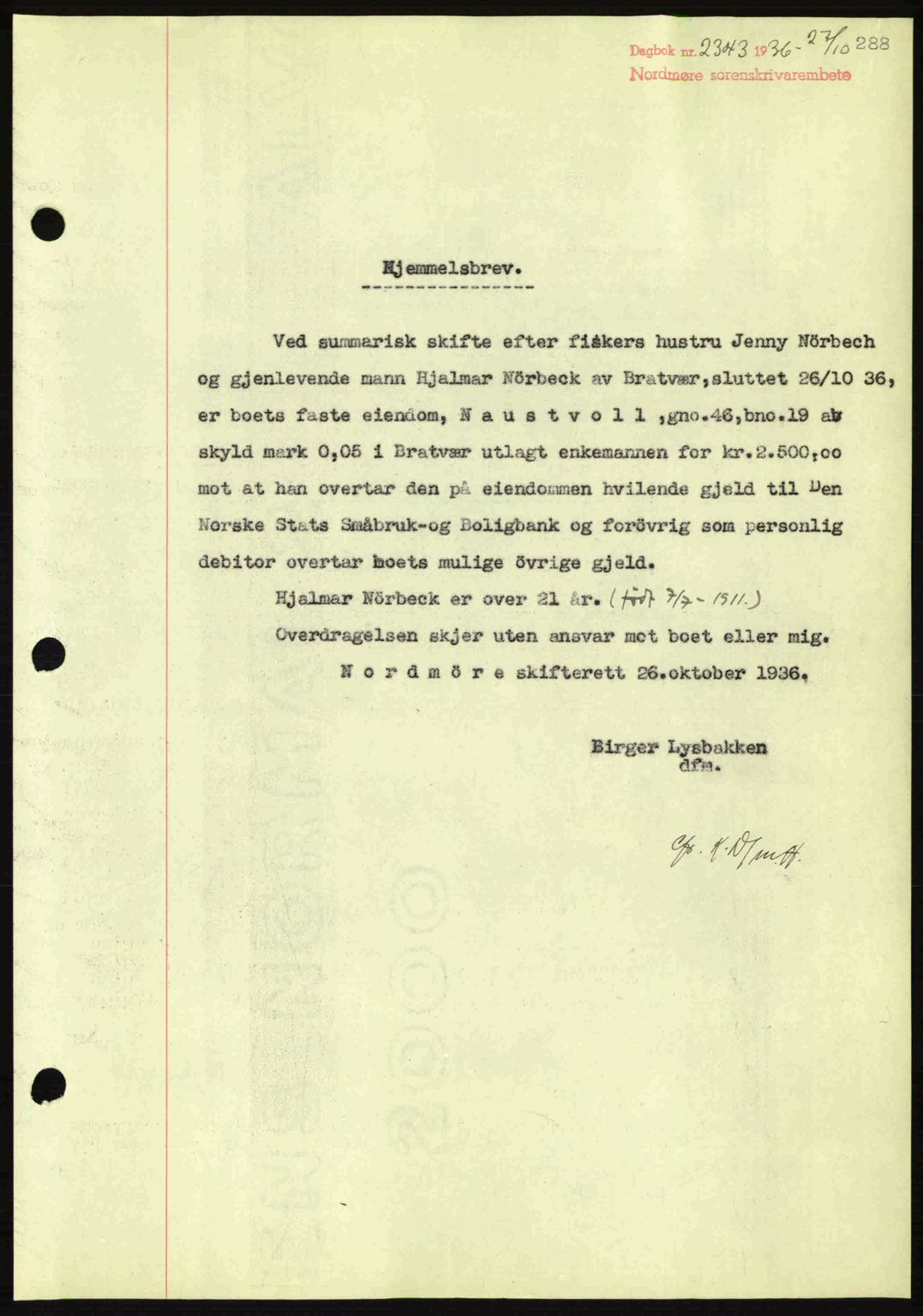 Nordmøre sorenskriveri, AV/SAT-A-4132/1/2/2Ca: Mortgage book no. A80, 1936-1937, Diary no: : 2343/1936