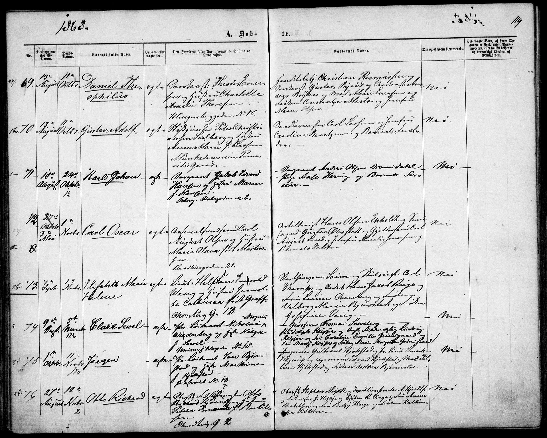 Garnisonsmenigheten Kirkebøker, AV/SAO-A-10846/F/Fa/L0010: Parish register (official) no. 10, 1859-1869, p. 119