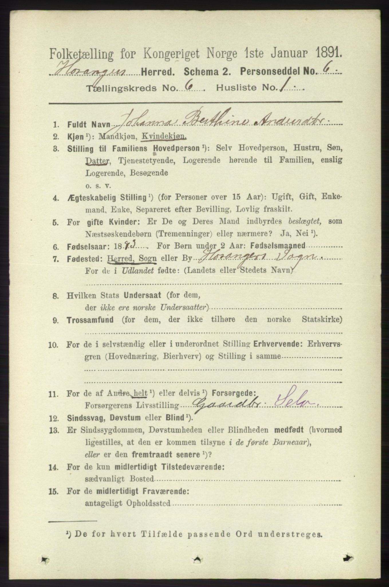 RA, 1891 census for 1253 Hosanger, 1891, p. 2143