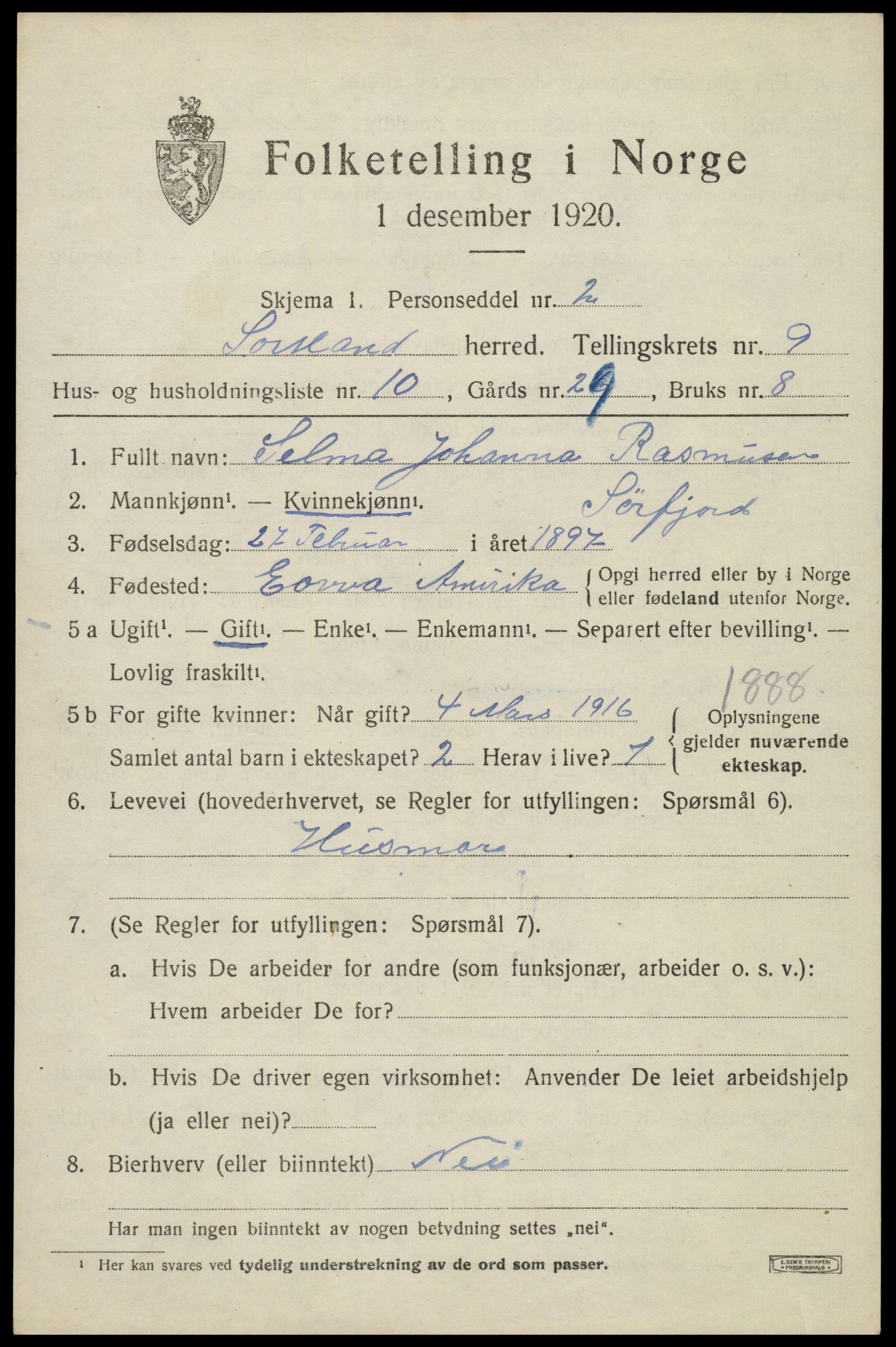 SAT, 1920 census for Sortland, 1920, p. 7242