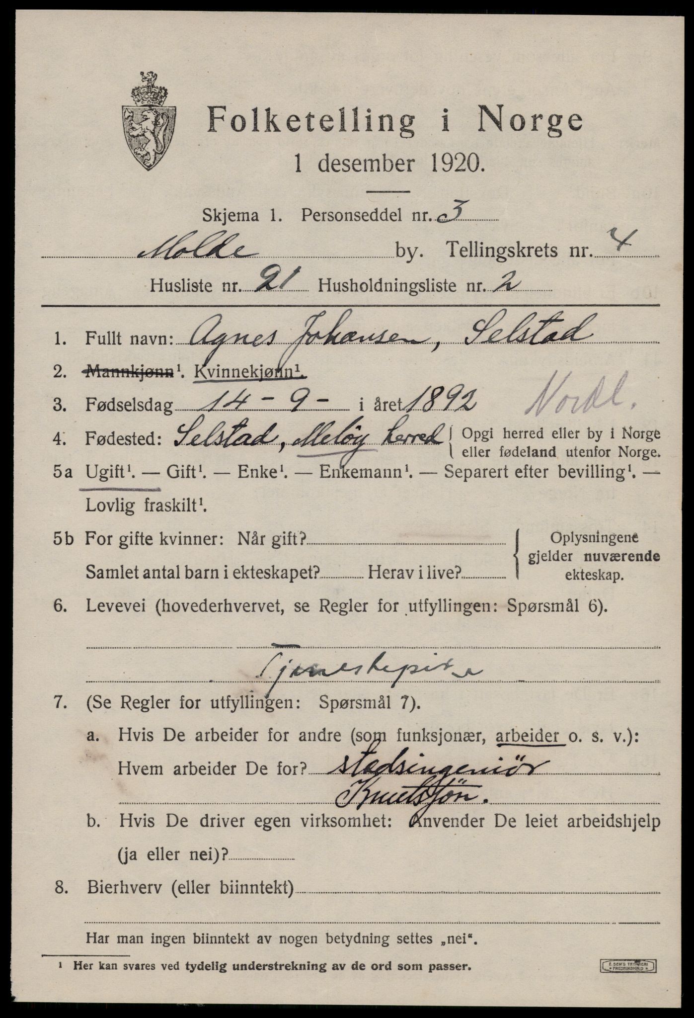 SAT, 1920 census for Molde, 1920, p. 6685