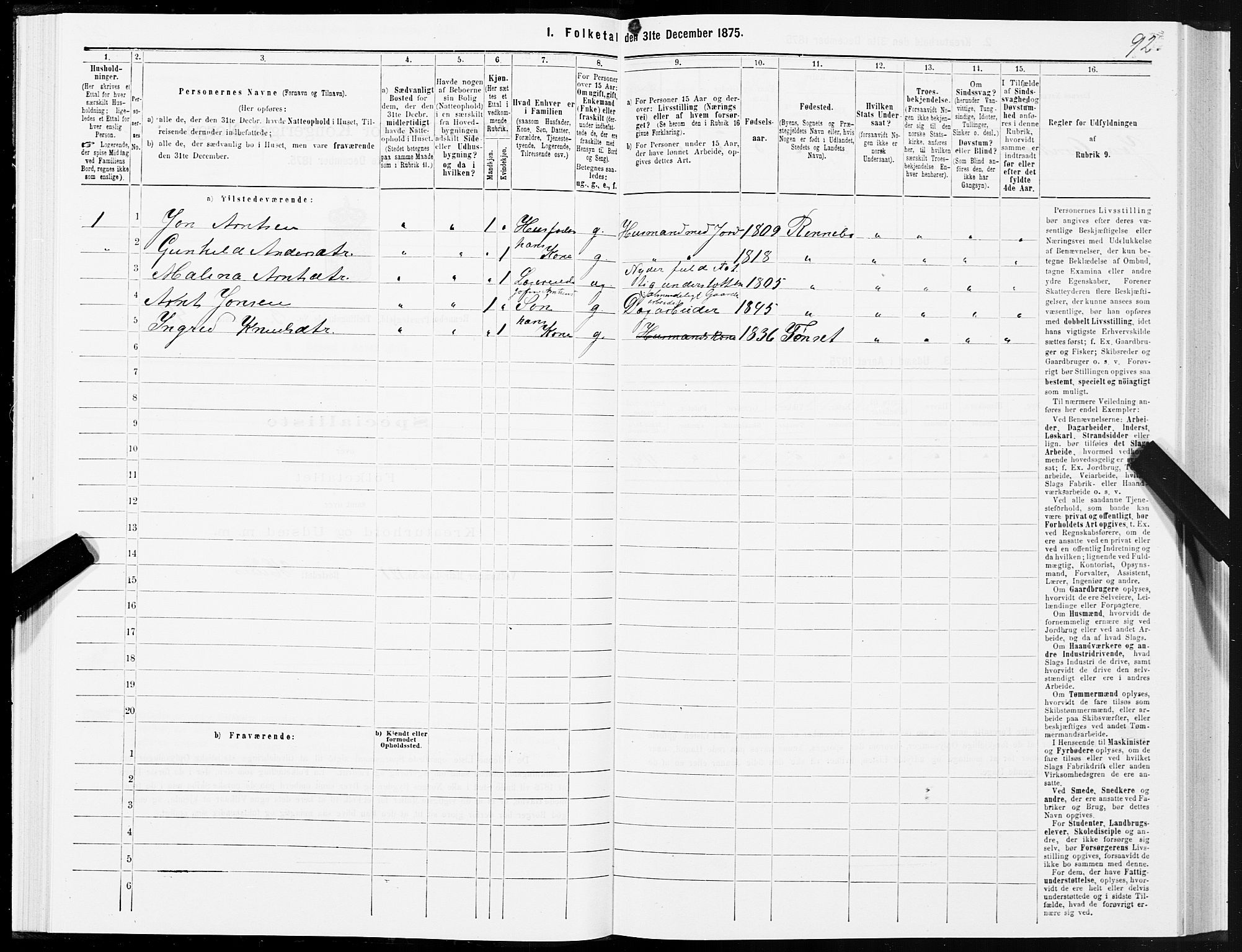 SAT, 1875 census for 1635P Rennebu, 1875, p. 2092