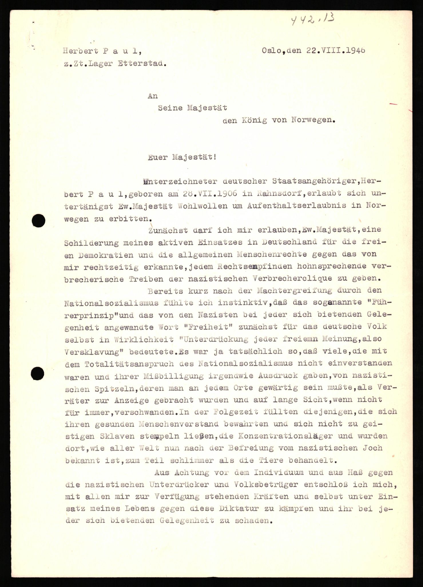 Forsvaret, Forsvarets overkommando II, AV/RA-RAFA-3915/D/Db/L0025: CI Questionaires. Tyske okkupasjonsstyrker i Norge. Tyskere., 1945-1946, p. 433