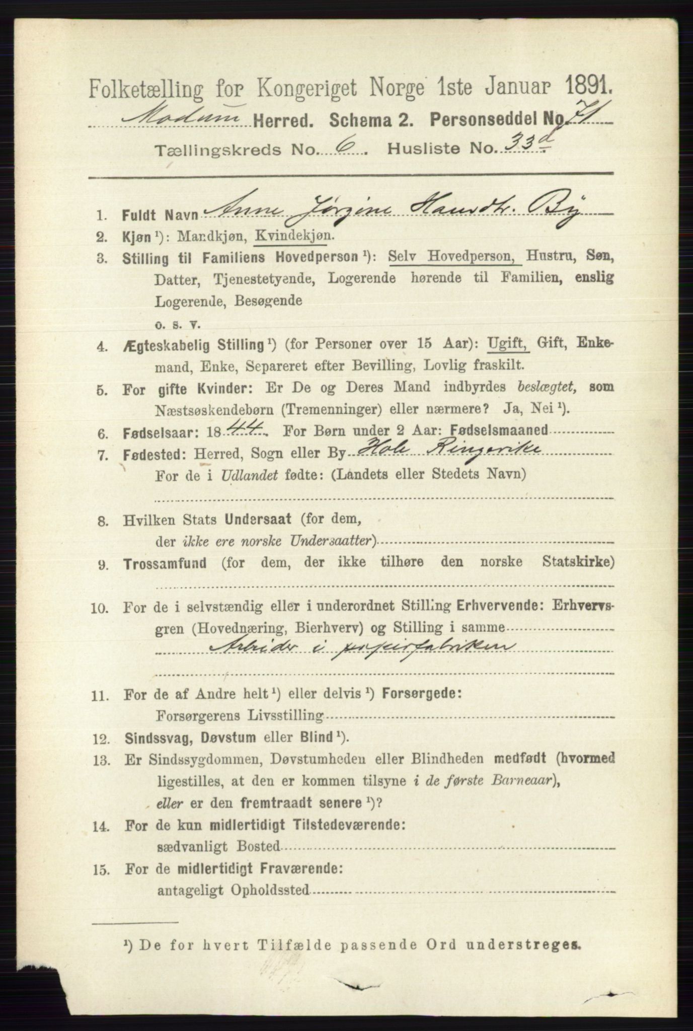 RA, 1891 census for 0623 Modum, 1891, p. 2458