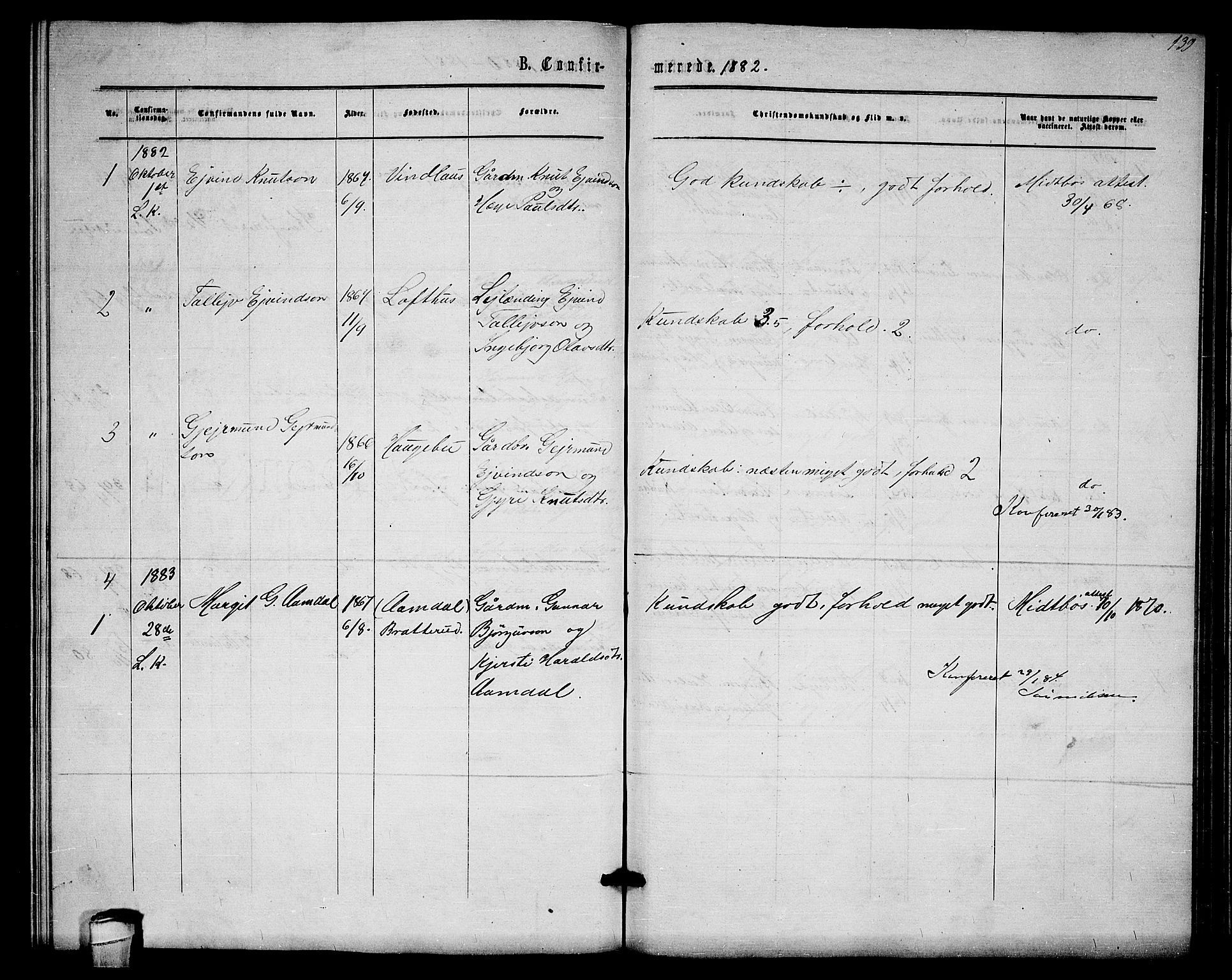 Lårdal kirkebøker, SAKO/A-284/G/Gb/L0002: Parish register (copy) no. II 2, 1865-1888, p. 139