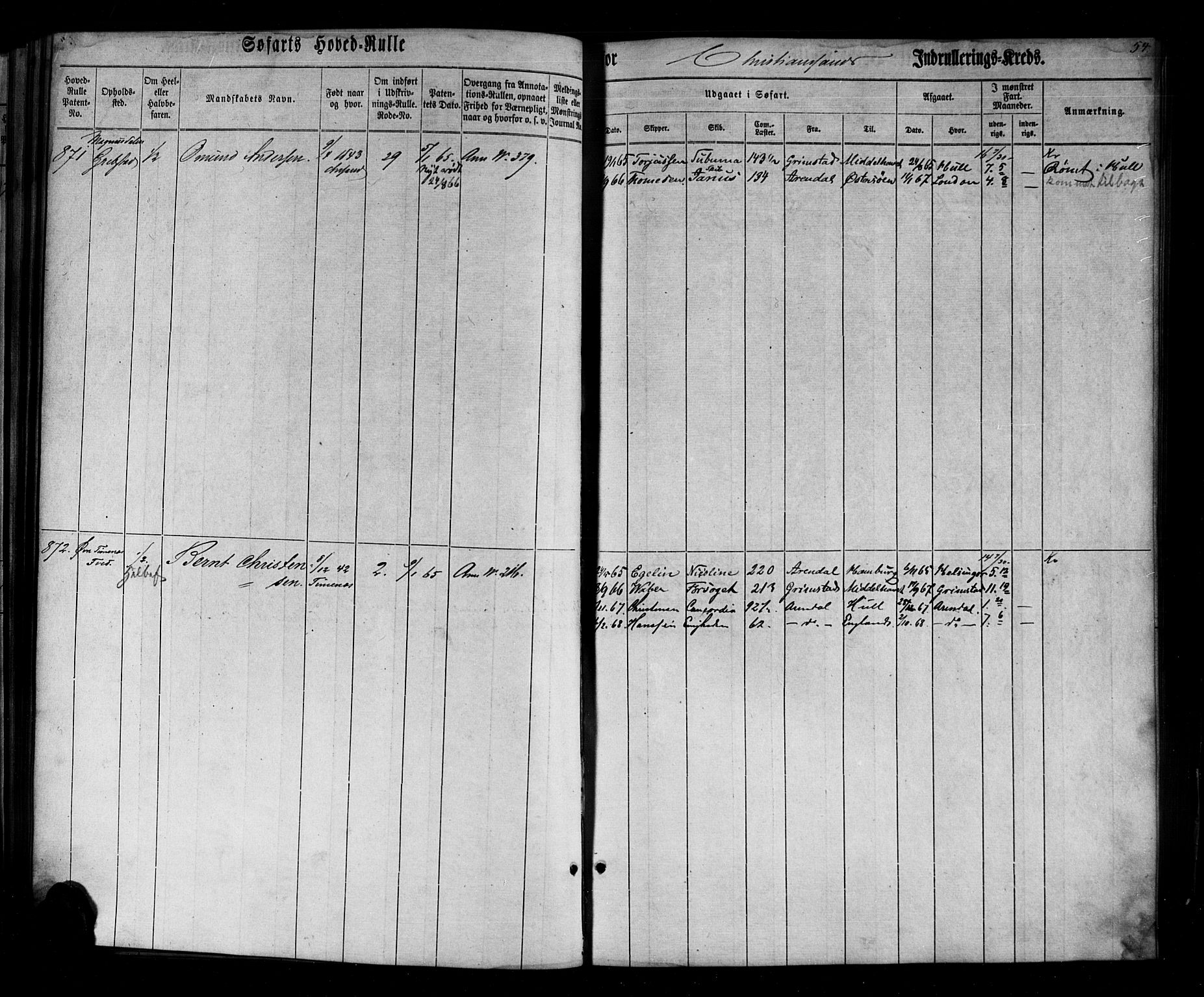 Kristiansand mønstringskrets, AV/SAK-2031-0015/F/Fb/L0026: Hovedrulle nr 767-1137, dublett, J-5, 1860-1870, p. 55