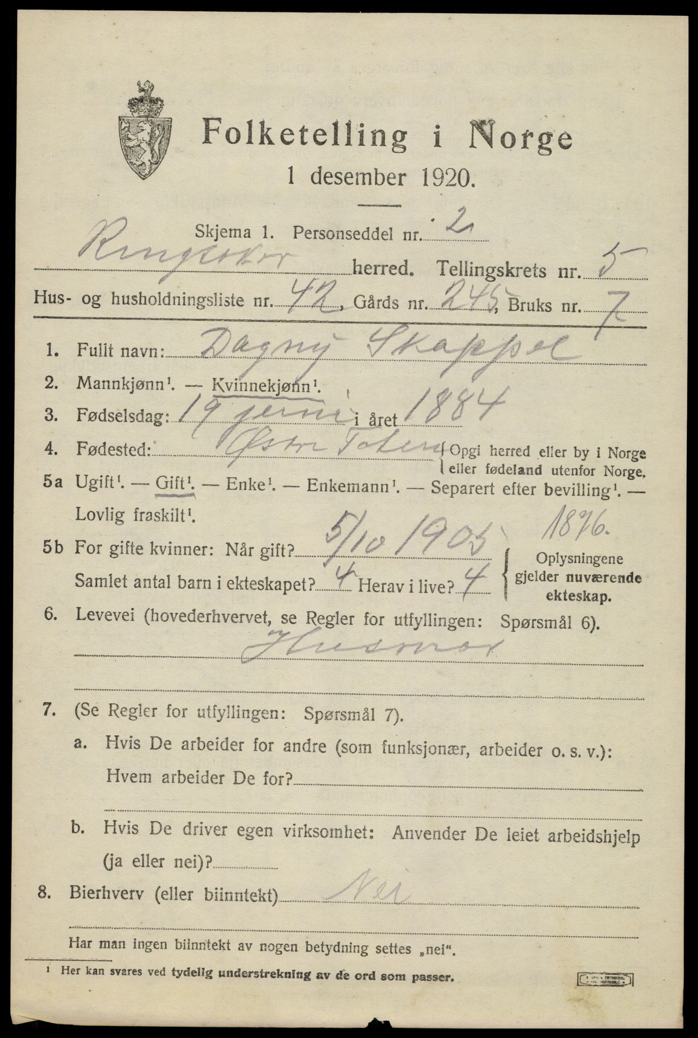 SAH, 1920 census for Ringsaker, 1920, p. 10234