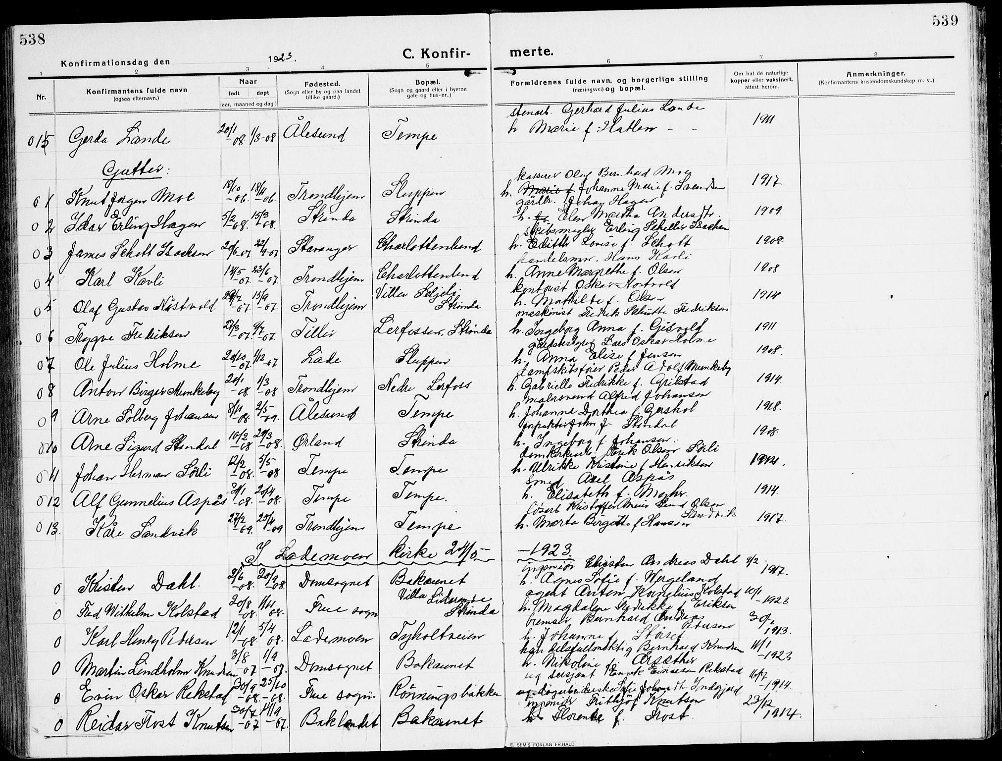 Ministerialprotokoller, klokkerbøker og fødselsregistre - Sør-Trøndelag, SAT/A-1456/607/L0321: Parish register (official) no. 607A05, 1916-1935, p. 538-539