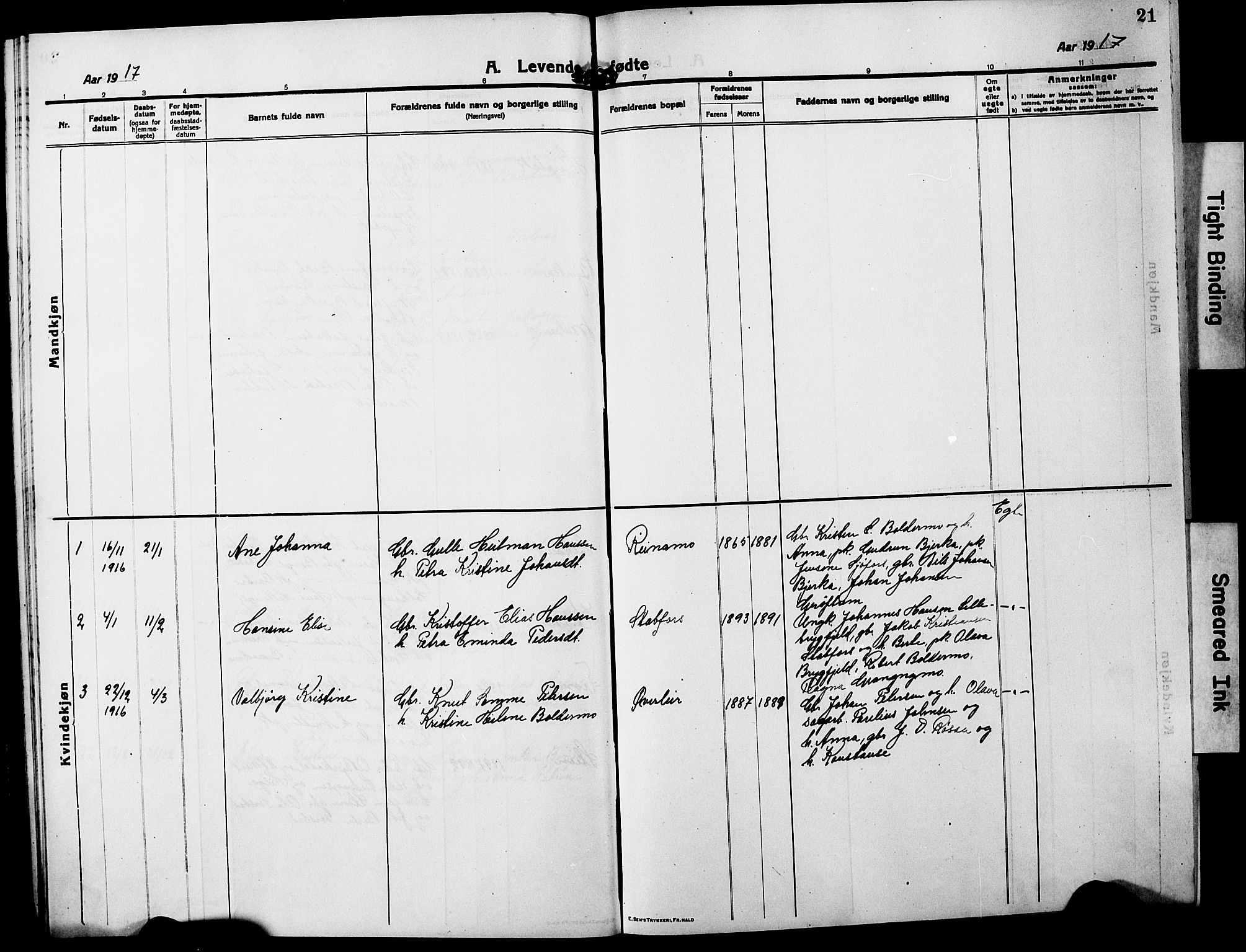 Ministerialprotokoller, klokkerbøker og fødselsregistre - Nordland, AV/SAT-A-1459/826/L0384: Parish register (copy) no. 826C04, 1914-1917, p. 21