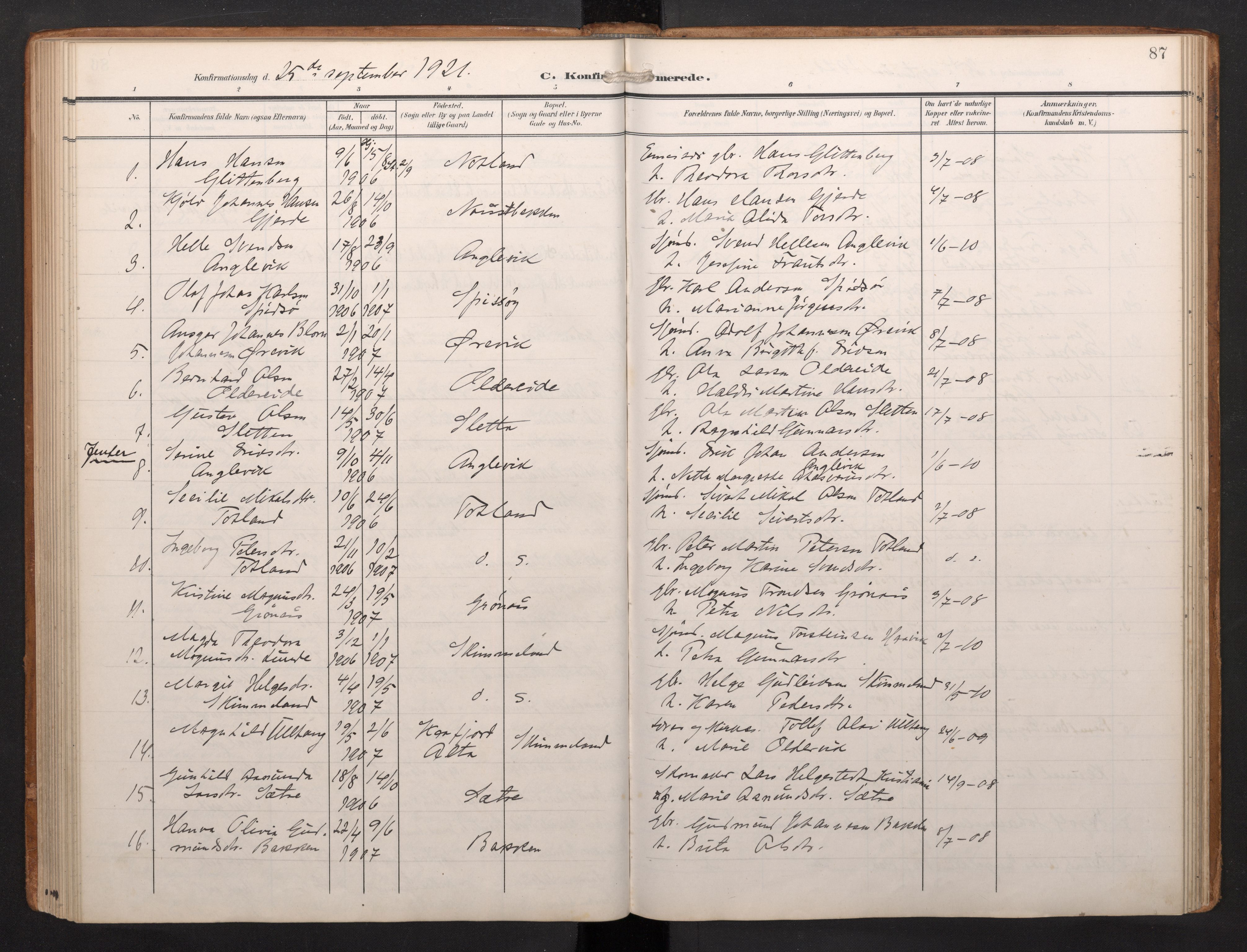 Finnås sokneprestembete, AV/SAB-A-99925/H/Ha/Haa/Haab/L0003: Parish register (official) no. B 3, 1907-1923, p. 87