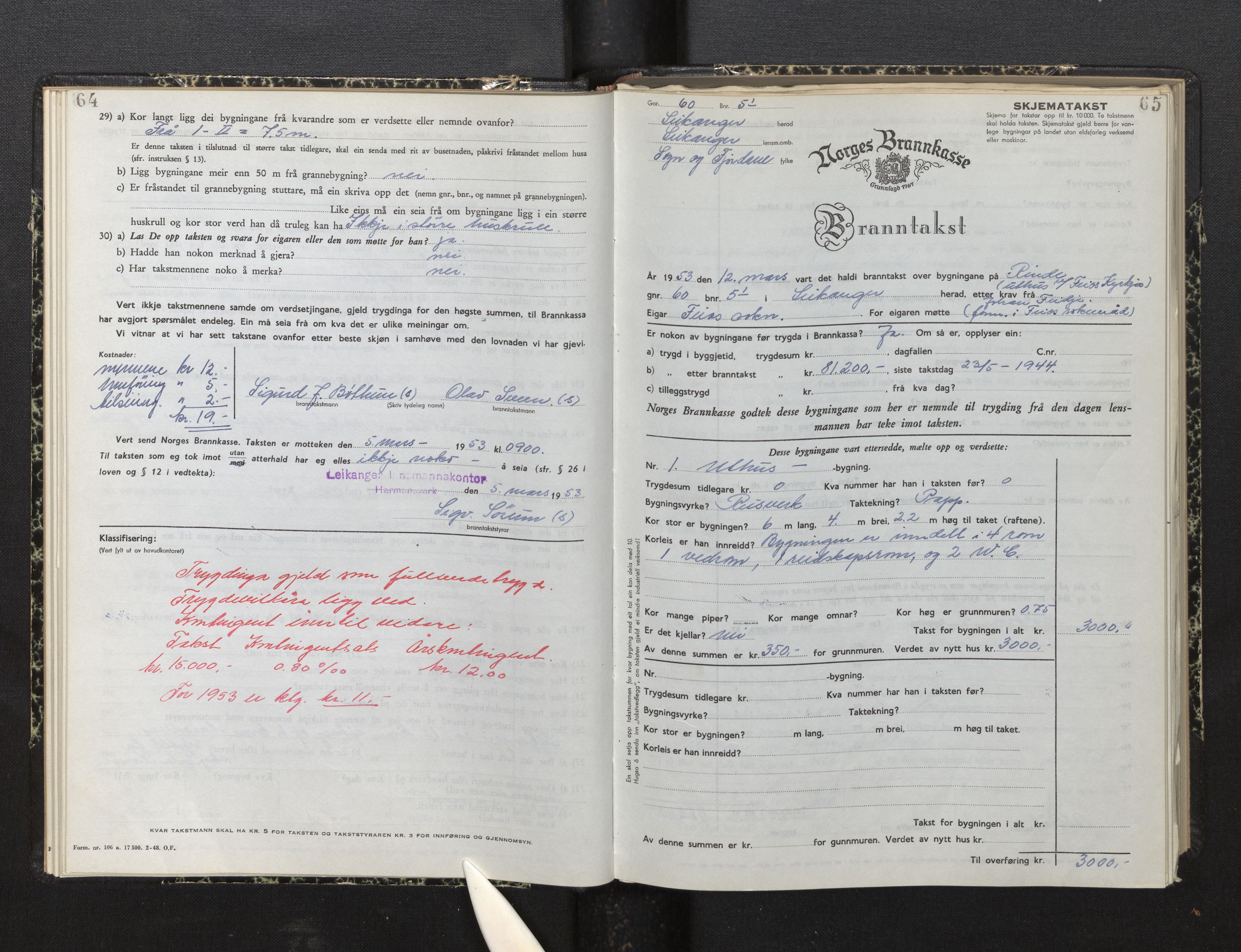 Lensmannen i Leikanger, AV/SAB-A-29201/0012/L0010: Branntakstprotokoll, skjematakst, 1952-1955, p. 64-65