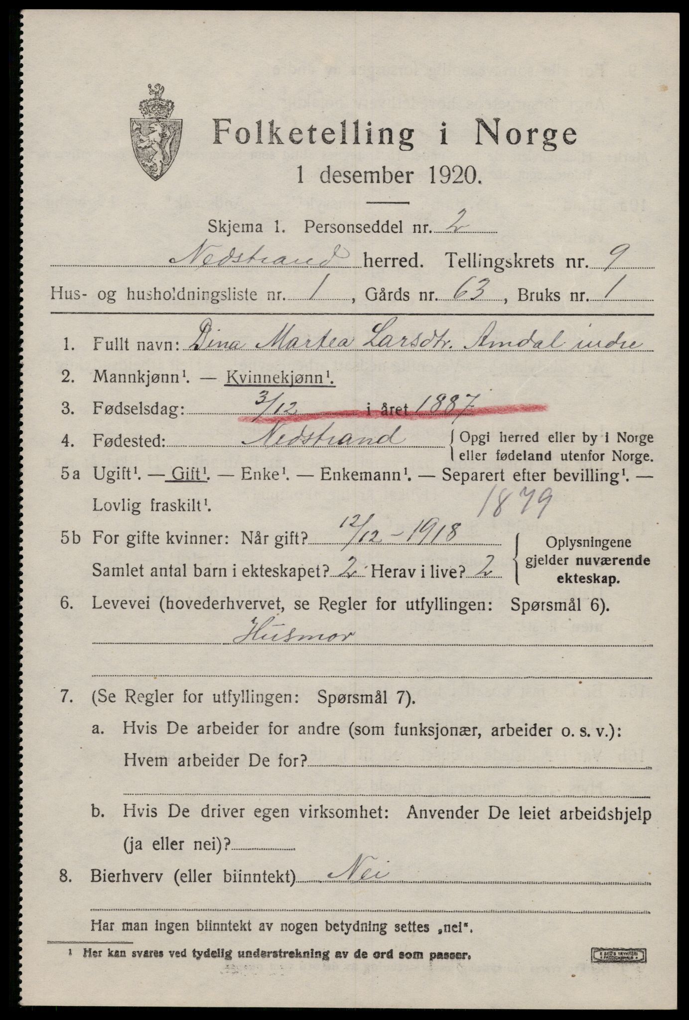 SAST, 1920 census for Nedstrand, 1920, p. 3237