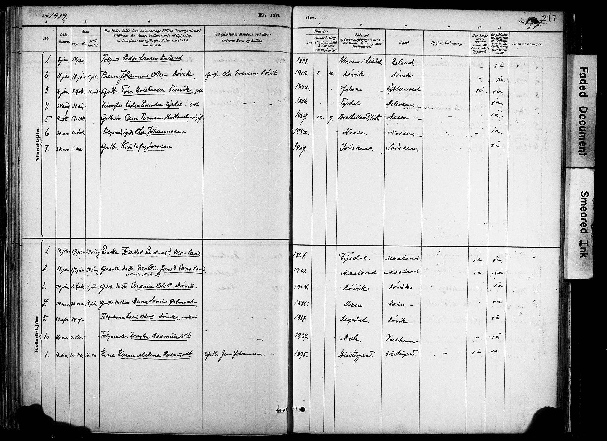 Hjelmeland sokneprestkontor, AV/SAST-A-101843/02/A/L0001: Parish register (official) no. A 16, 1887-1926, p. 217