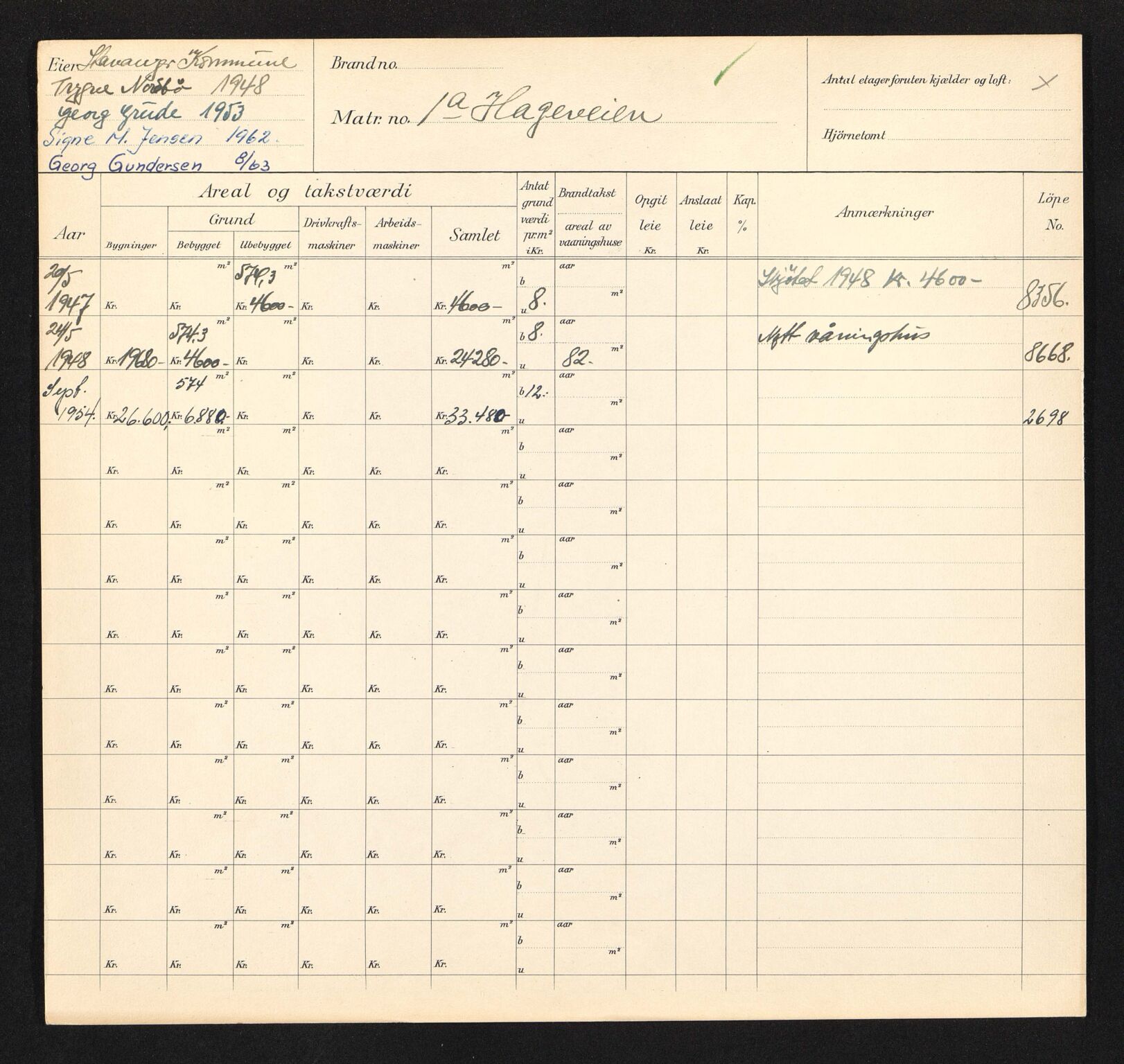 Stavanger kommune. Skattetakstvesenet, BYST/A-0440/F/Fa/Faa/L0016/0001: Skattetakstkort / Hageveien 1 - Halfdan Kjerufs vei 16