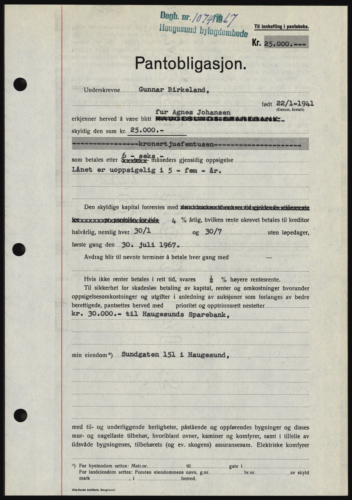 Haugesund tingrett, SAST/A-101415/01/II/IIC/L0056: Mortgage book no. B 56, 1966-1967, Diary no: : 1074/1967
