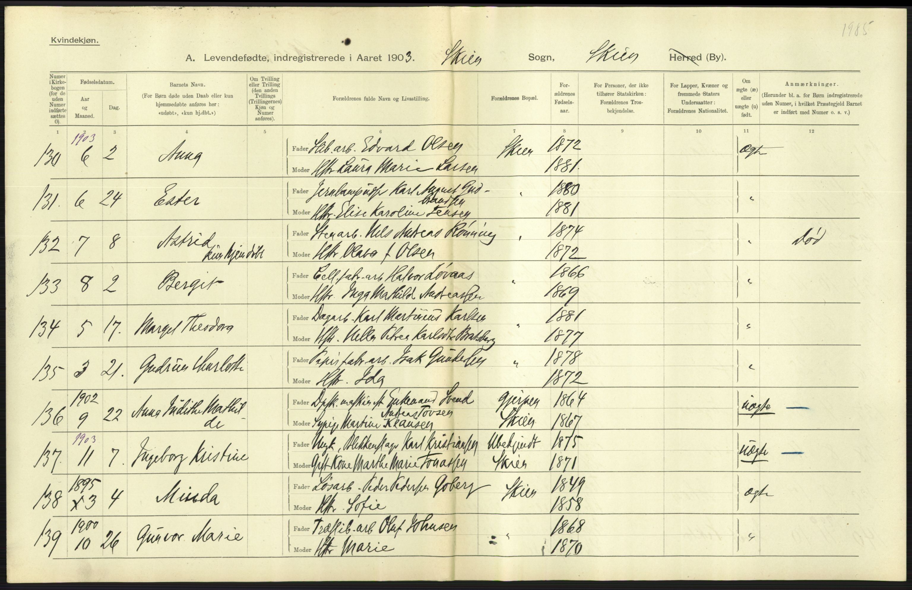 Statistisk sentralbyrå, Sosiodemografiske emner, Befolkning, AV/RA-S-2228/D/Df/Dfa/Dfaa/L0009: Bratsberg amt: Fødte, gifte, døde, 1903, p. 285