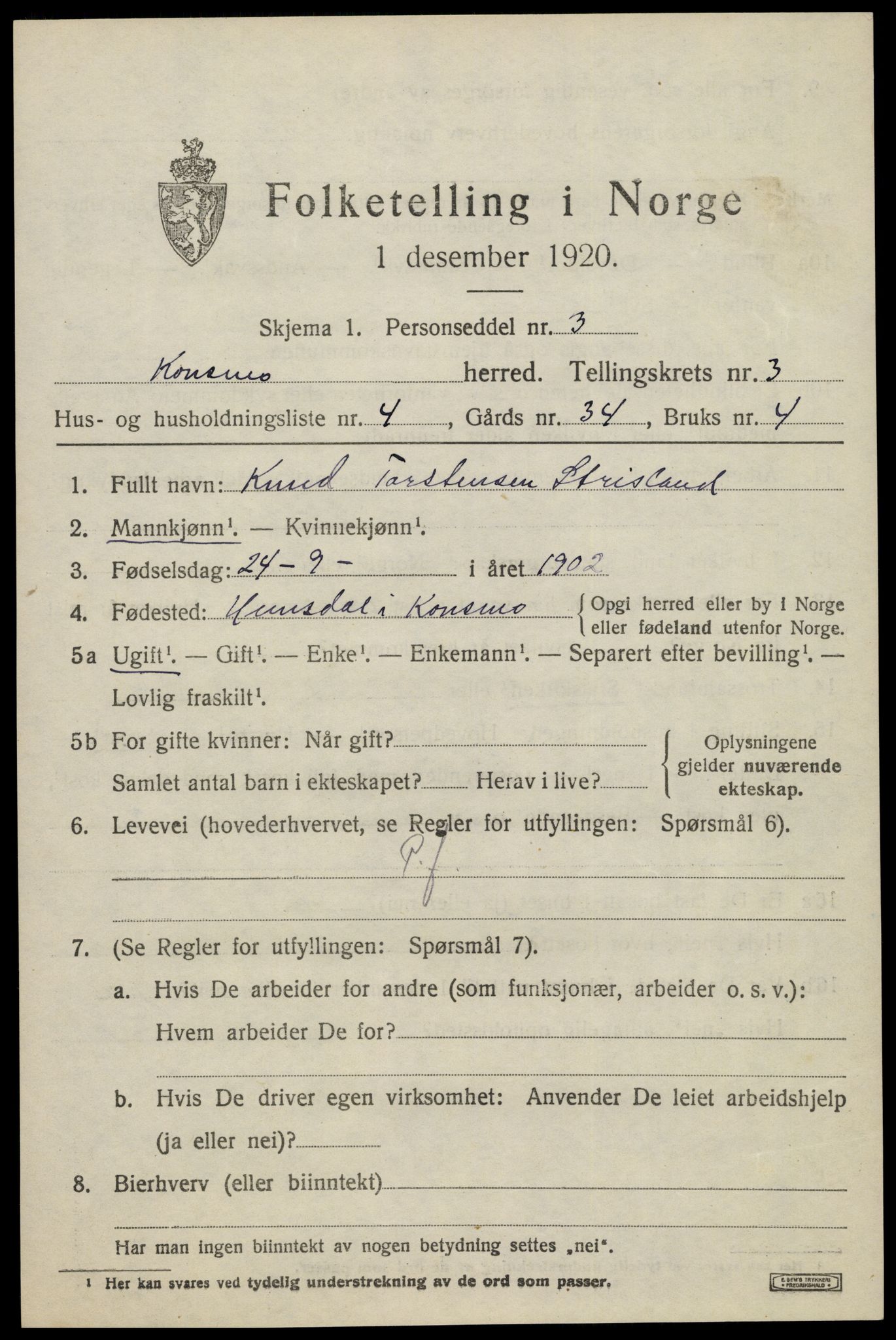 SAK, 1920 census for Konsmo, 1920, p. 1158