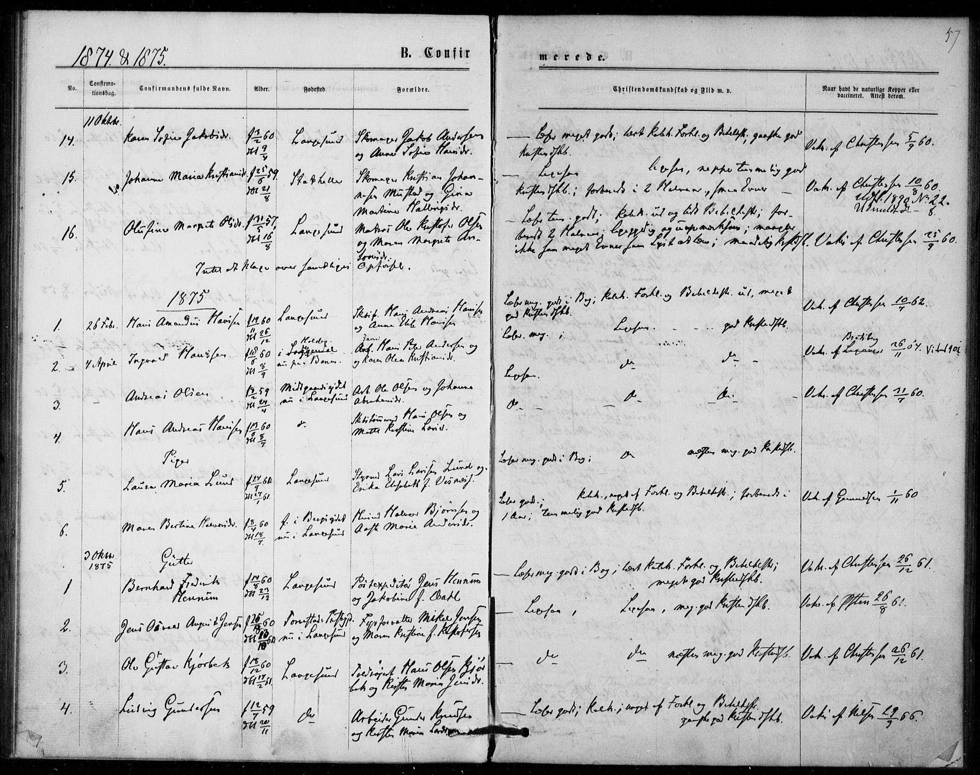 Langesund kirkebøker, SAKO/A-280/F/Fa/L0001: Parish register (official) no. 1, 1870-1877, p. 57