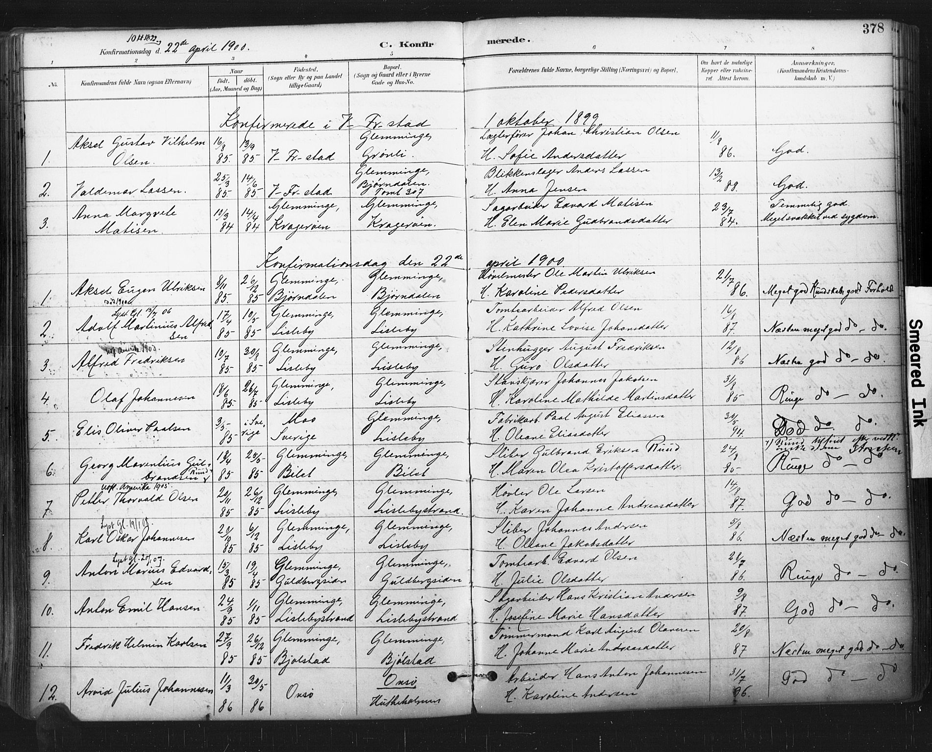Glemmen prestekontor Kirkebøker, SAO/A-10908/F/Fa/L0013: Parish register (official) no. 13, 1892-1907, p. 378