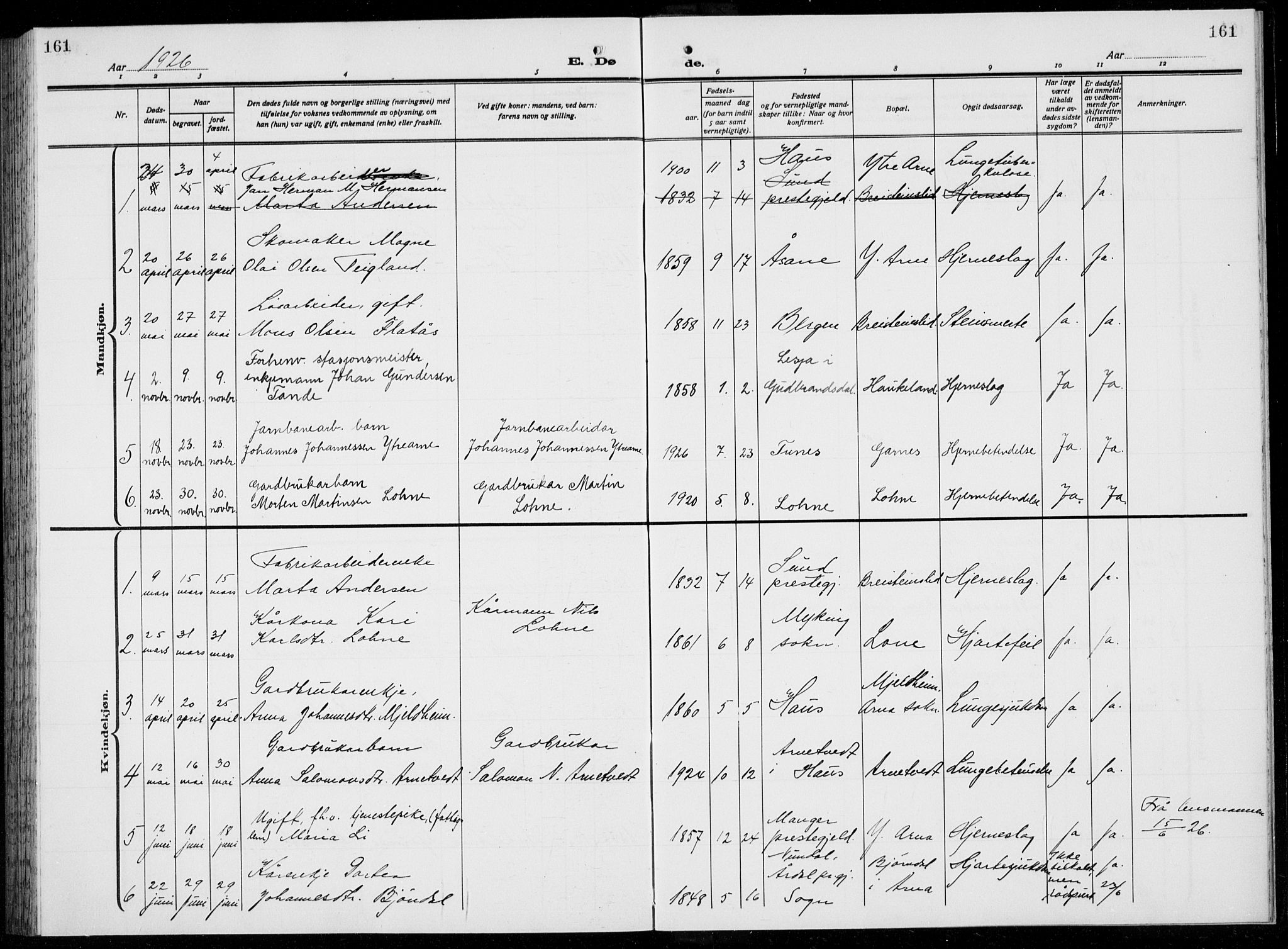 Arna Sokneprestembete, SAB/A-74001/H/Ha/Hab: Parish register (copy) no. A  6, 1922-1936, p. 161