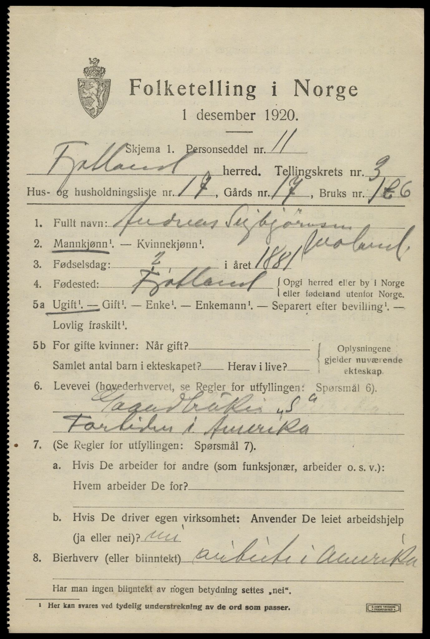 SAK, 1920 census for Fjotland, 1920, p. 1168