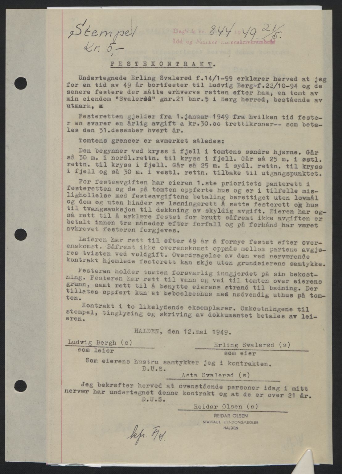 Idd og Marker sorenskriveri, AV/SAO-A-10283/G/Gb/Gbb/L0012: Mortgage book no. A12, 1949-1949, Diary no: : 844/1949