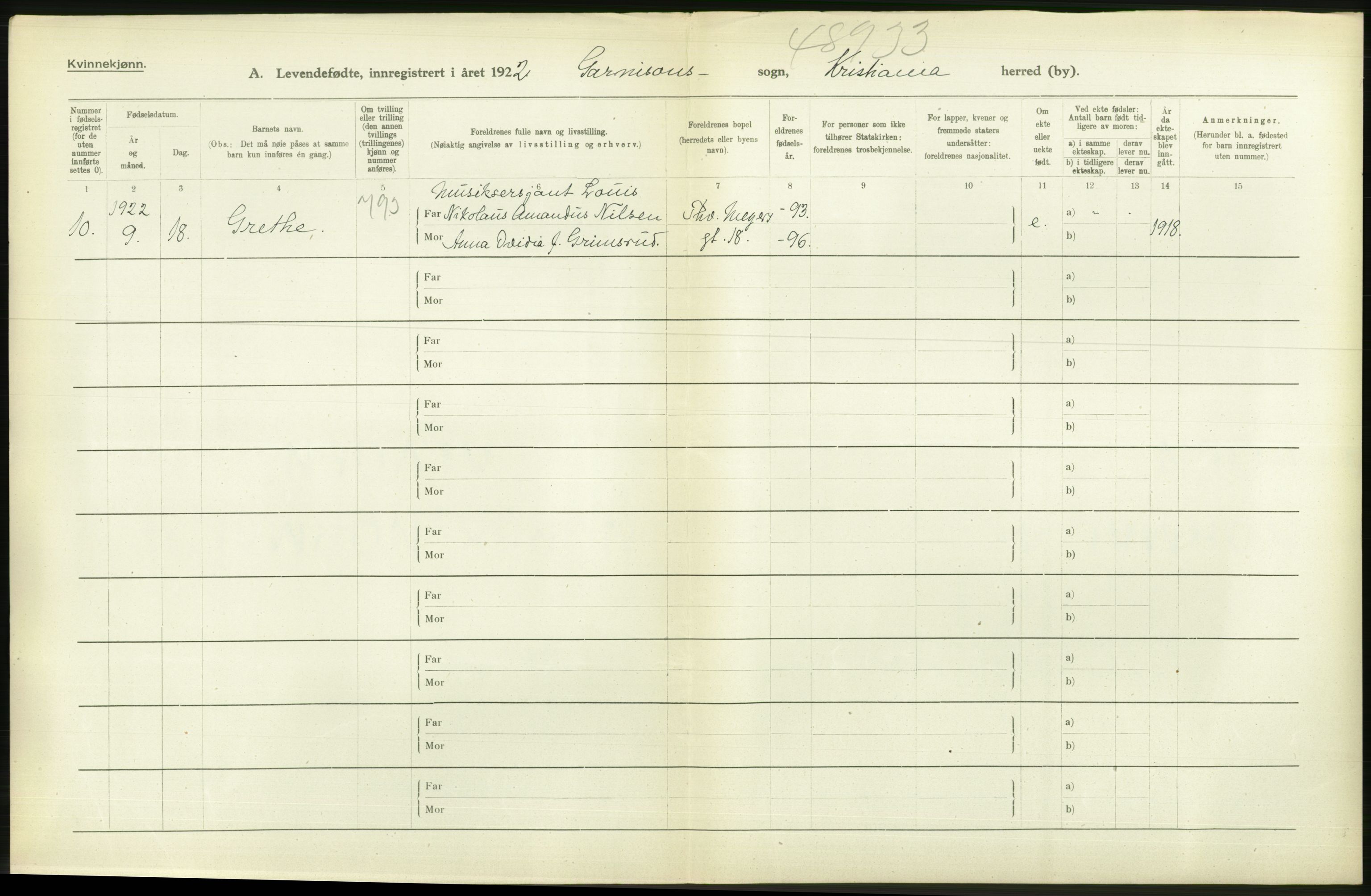 Statistisk sentralbyrå, Sosiodemografiske emner, Befolkning, AV/RA-S-2228/D/Df/Dfc/Dfcb/L0007: Kristiania: Levendefødte menn og kvinner., 1922, p. 168