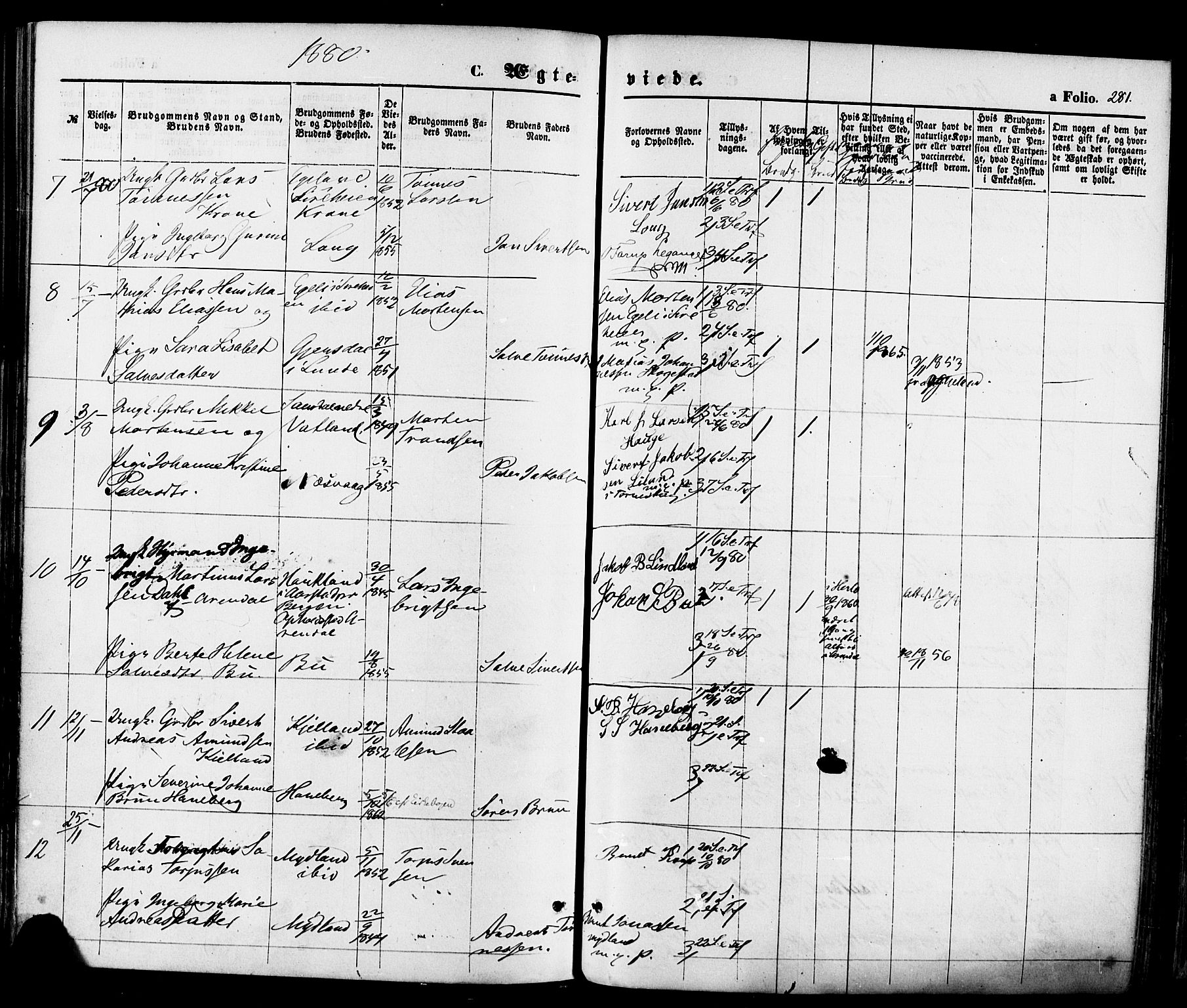 Sokndal sokneprestkontor, AV/SAST-A-101808: Parish register (official) no. A 10, 1874-1886, p. 281