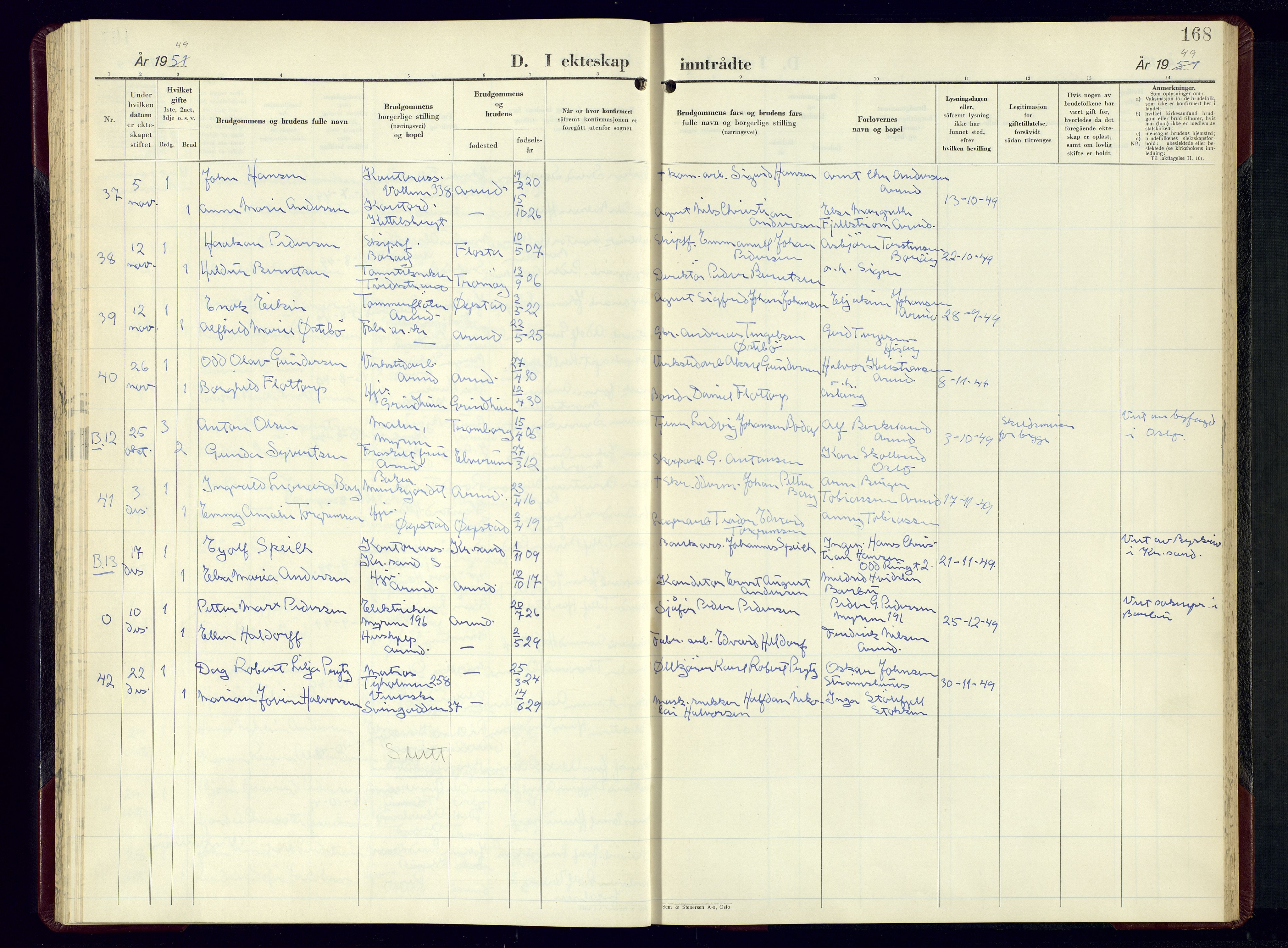 Arendal sokneprestkontor, Trefoldighet, AV/SAK-1111-0040/F/Fb/L0010: Parish register (copy) no. B-10, 1949-1960, p. 168