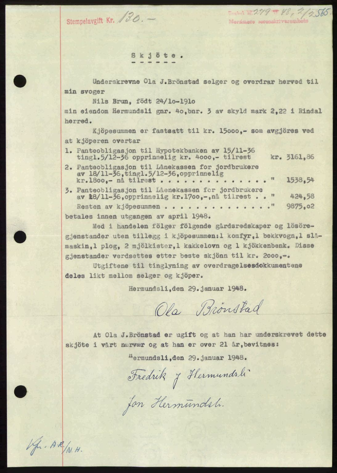 Nordmøre sorenskriveri, AV/SAT-A-4132/1/2/2Ca: Mortgage book no. A107, 1947-1948, Diary no: : 279/1948