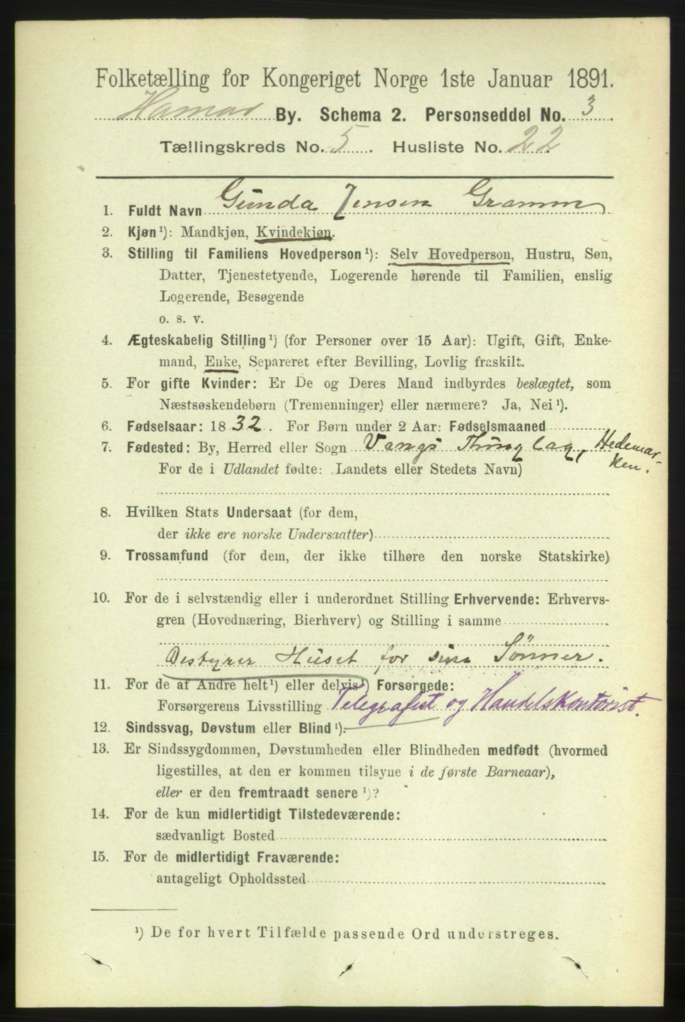 RA, 1891 census for 0401 Hamar, 1891, p. 4056