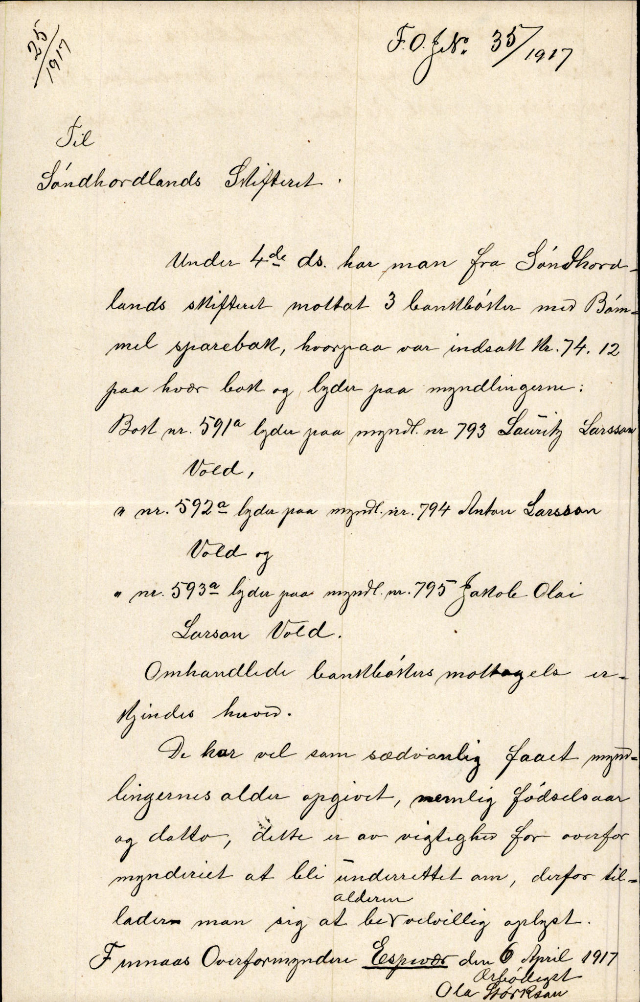 Finnaas kommune. Overformynderiet, IKAH/1218a-812/D/Da/Daa/L0003/0002: Kronologisk ordna korrespondanse / Kronologisk ordna korrespondanse, 1917-1919, p. 12