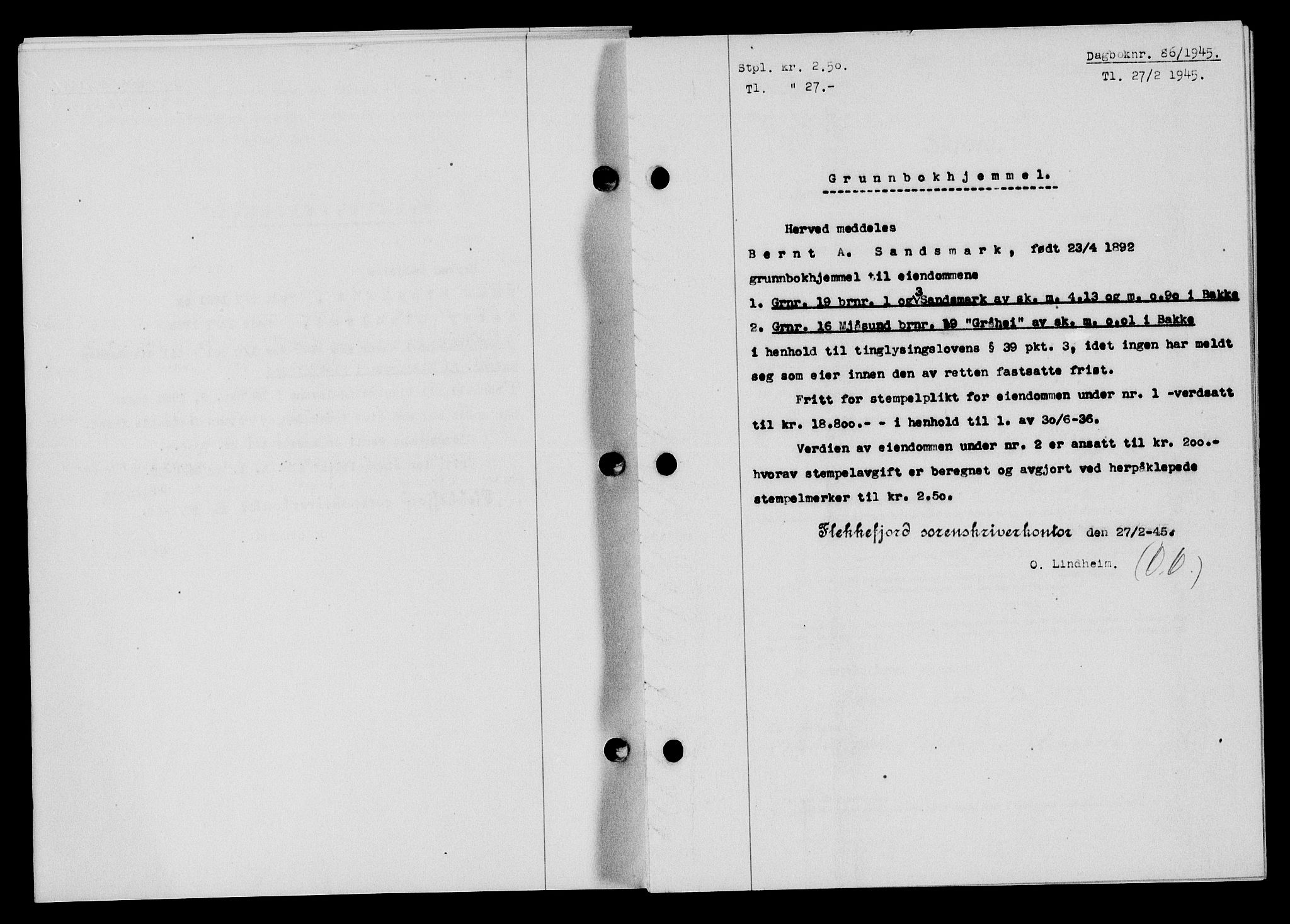 Flekkefjord sorenskriveri, SAK/1221-0001/G/Gb/Gba/L0059: Mortgage book no. A-7, 1944-1945, Diary no: : 86/1945
