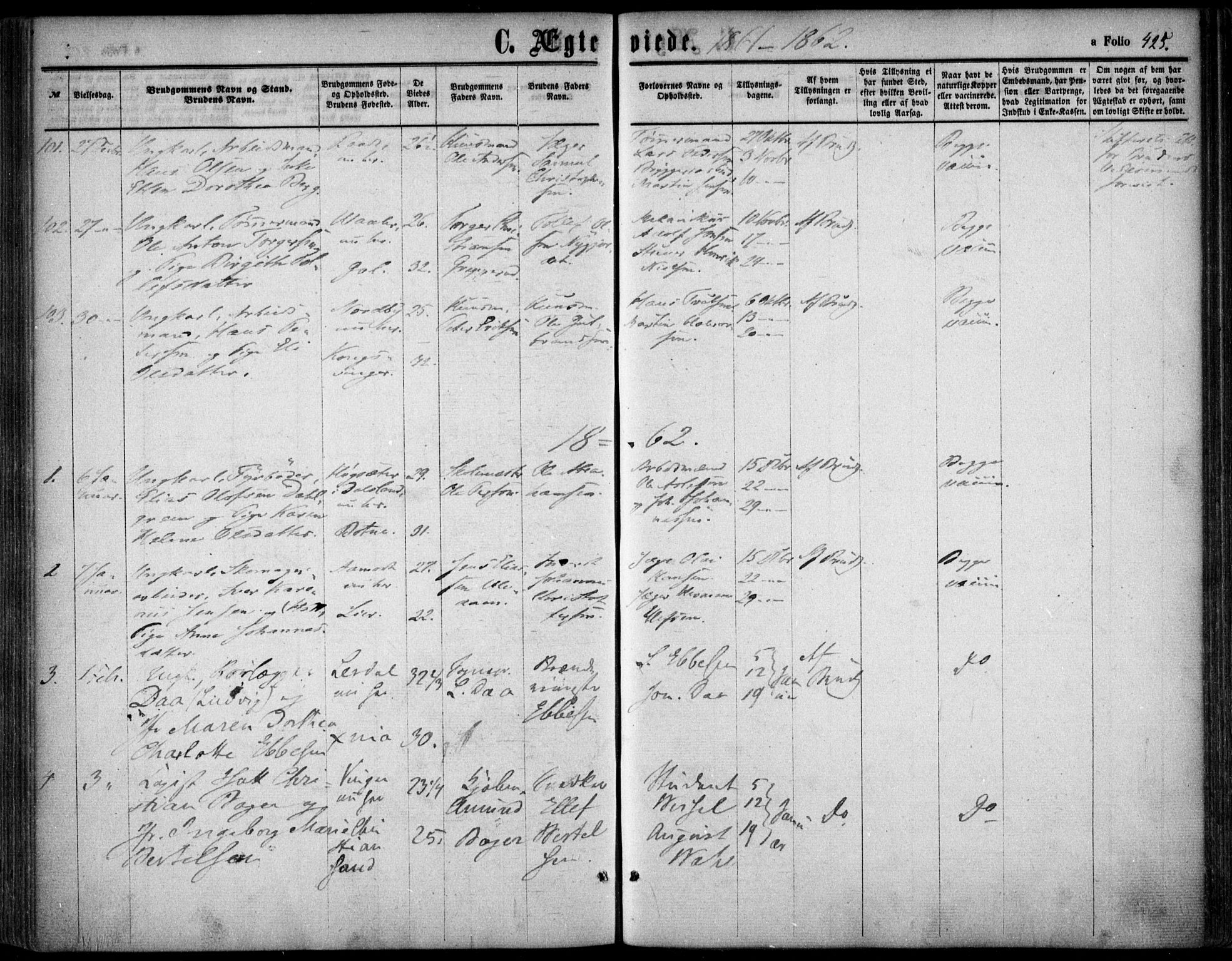 Oslo domkirke Kirkebøker, SAO/A-10752/F/Fa/L0020: Parish register (official) no. 20, 1848-1865, p. 425
