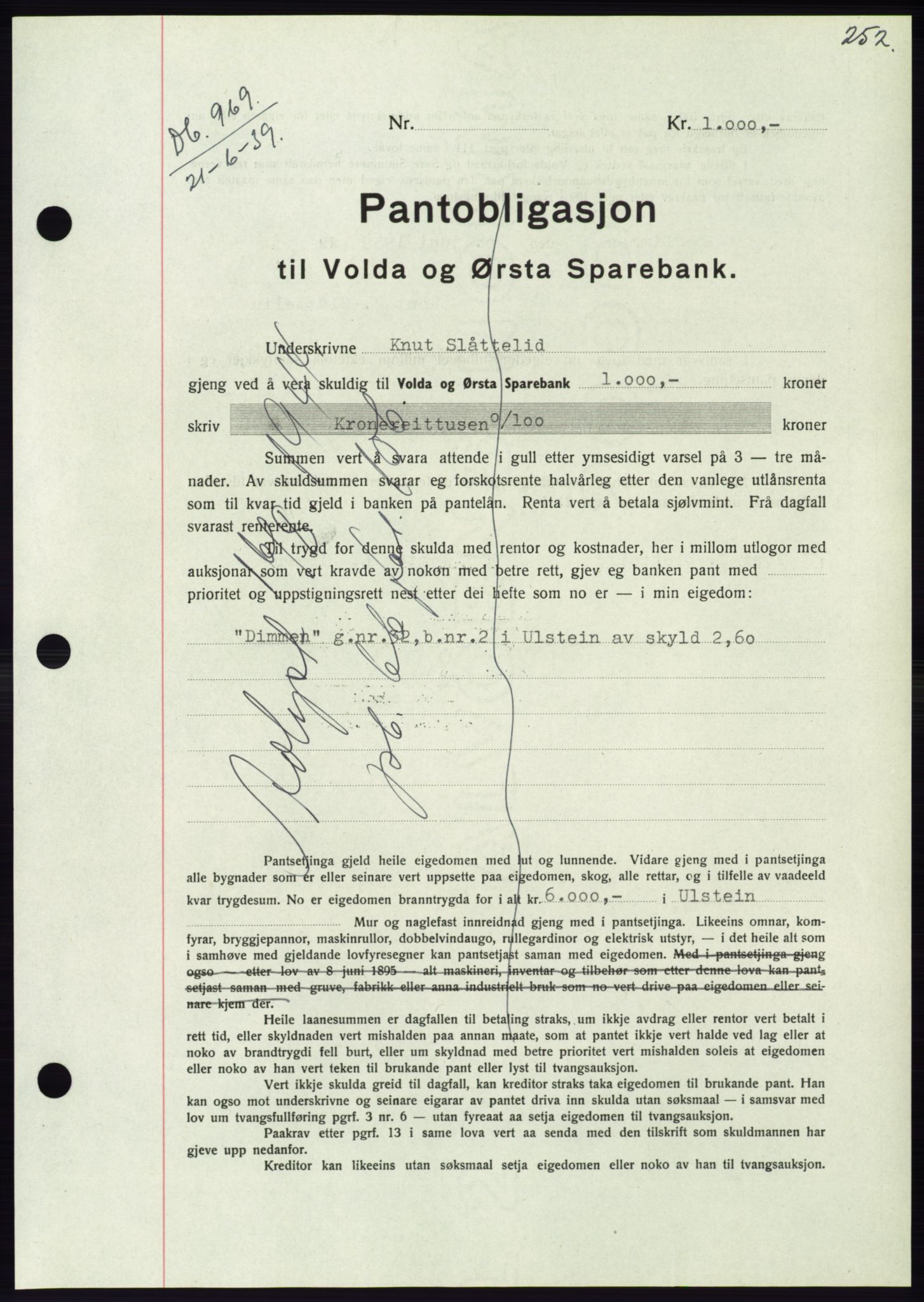 Søre Sunnmøre sorenskriveri, AV/SAT-A-4122/1/2/2C/L0068: Mortgage book no. 62, 1939-1939, Diary no: : 969/1939