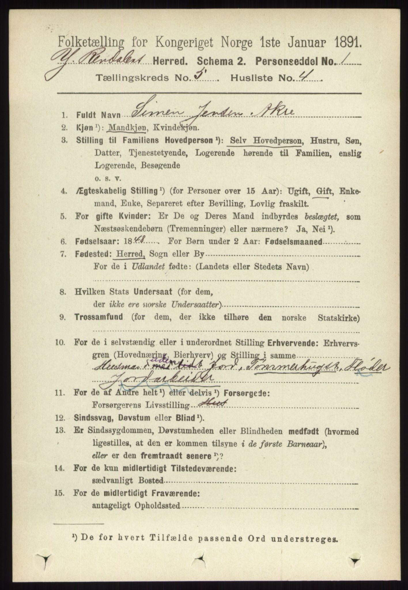 RA, 1891 census for 0432 Ytre Rendal, 1891, p. 1275