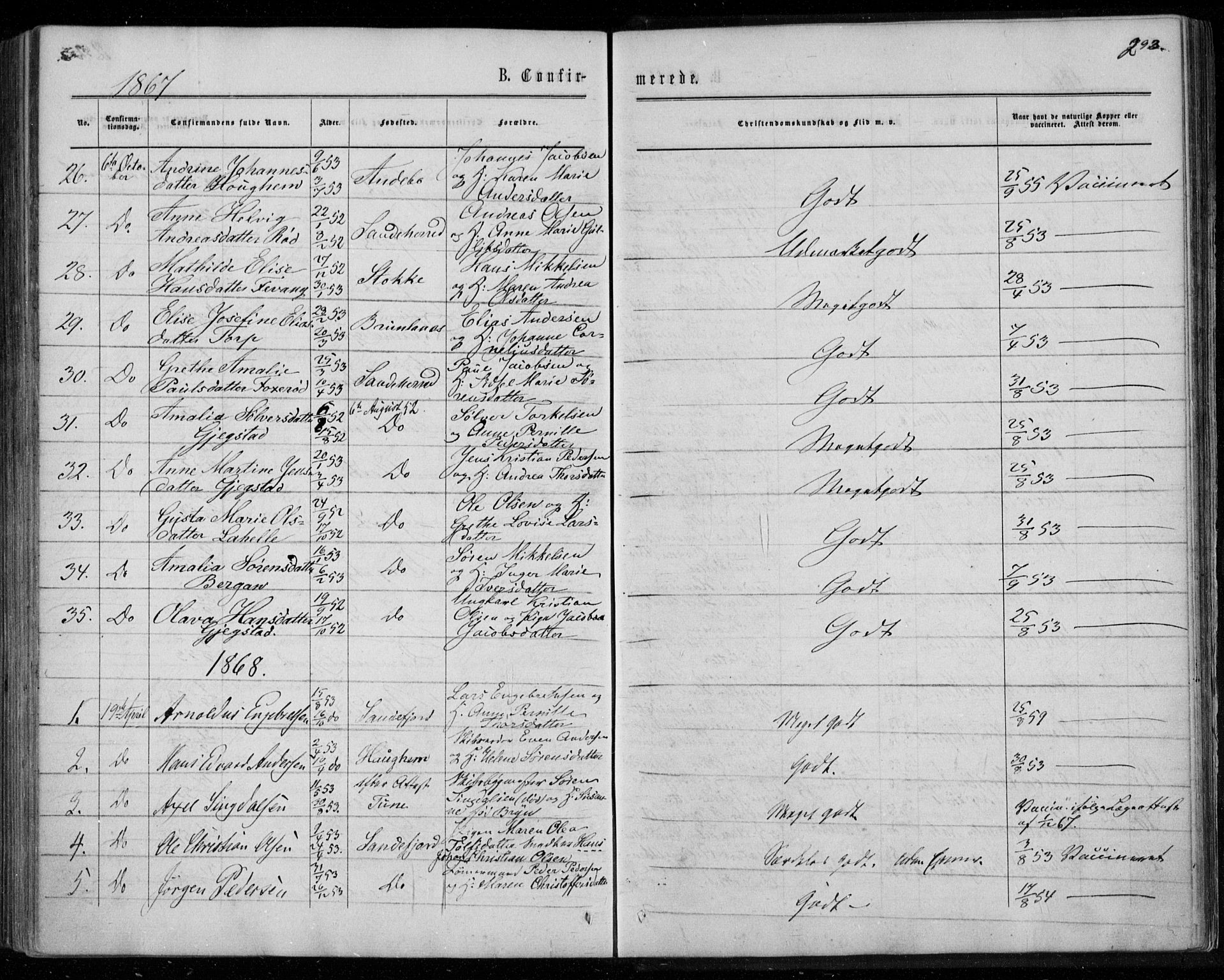 Sandar kirkebøker, AV/SAKO-A-243/F/Fa/L0008: Parish register (official) no. 8, 1862-1871, p. 293