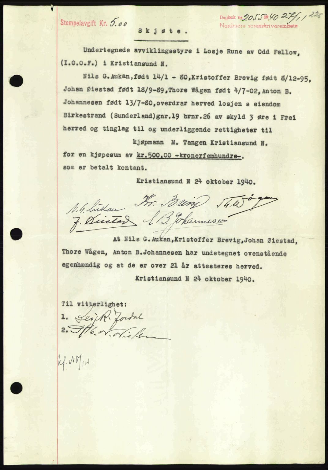 Nordmøre sorenskriveri, SAT/A-4132/1/2/2Ca: Mortgage book no. A89, 1940-1941, Diary no: : 2055/1940