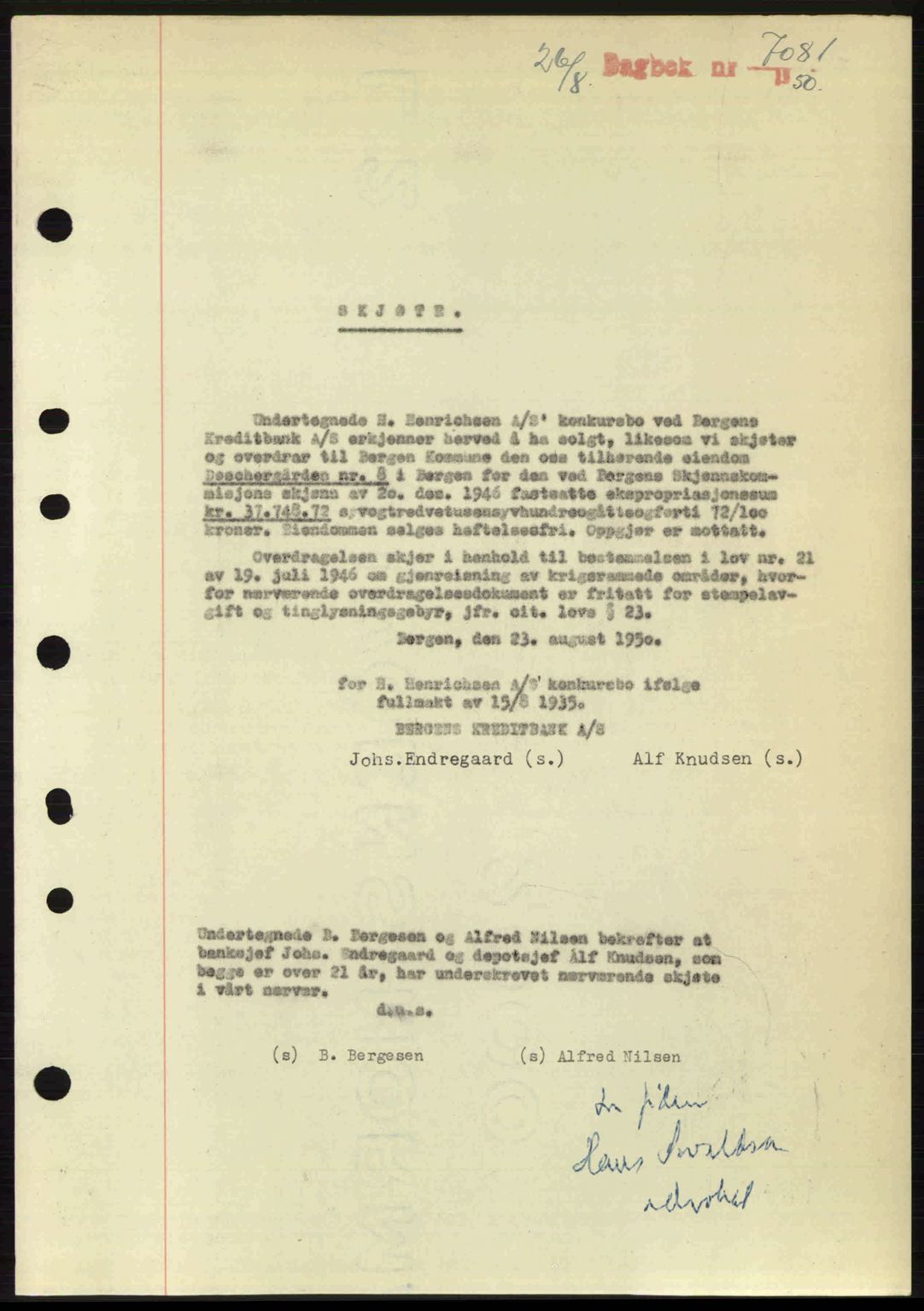 Byfogd og Byskriver i Bergen, AV/SAB-A-3401/03/03Bc/L0033: Mortgage book no. A26-27, 1950-1950, Diary no: : 7081/1950